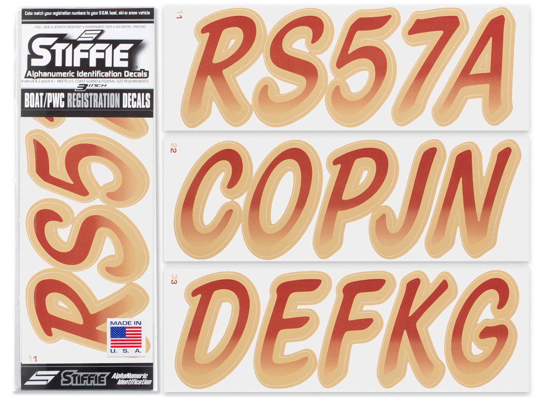 Stiffie Whipline Burgundy/Tan 3" Alpha-Numeric Registration Identification Numbers Stickers Decals for Boats & Personal Watercraft