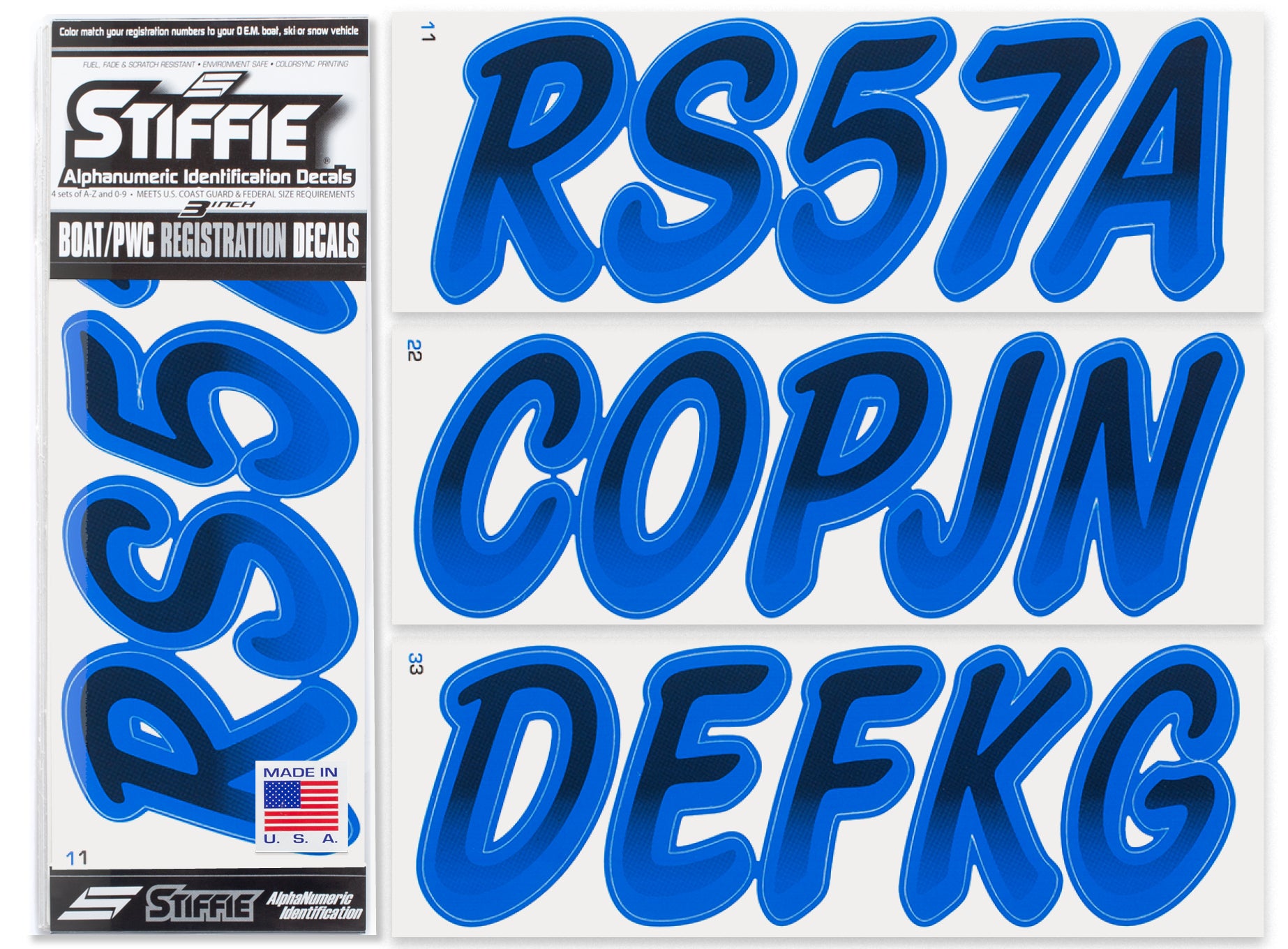 STIFFIE Whipline Black / Blue 3" Alpha-Numeric Registration Identification Numbers Stickers Decals for Boats & Personal Watercraft