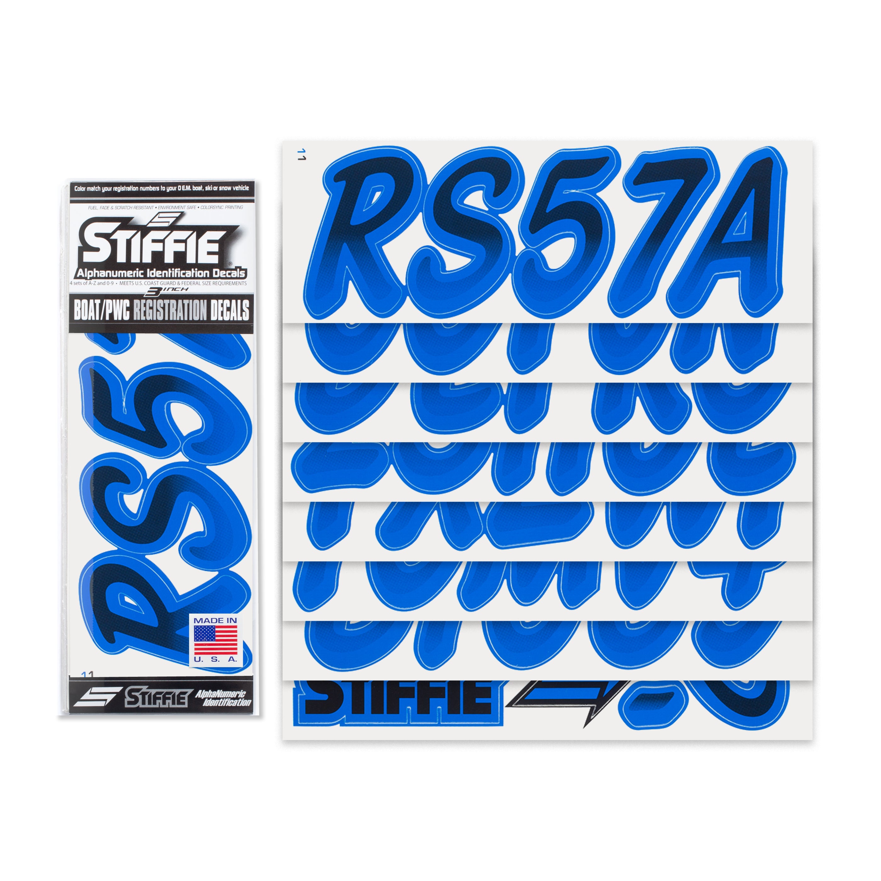 STIFFIE Whipline Black / Blue 3" Alpha-Numeric Registration Identification Numbers Stickers Decals for Boats & Personal Watercraft