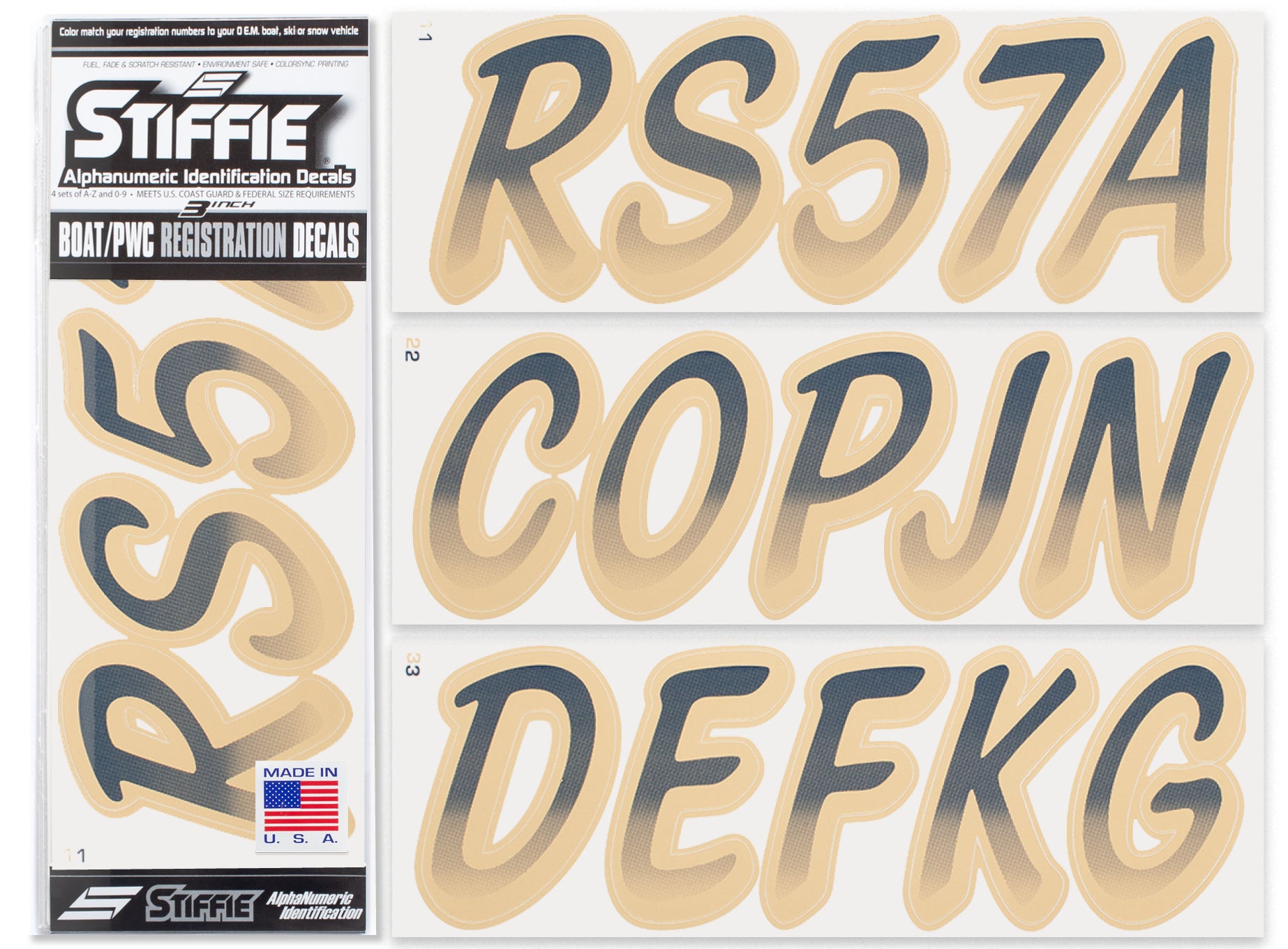 Stiffie Whipline Navy/Tan 3" Alpha-Numeric Registration Identification Numbers Stickers Decals for Boats & Personal Watercraft