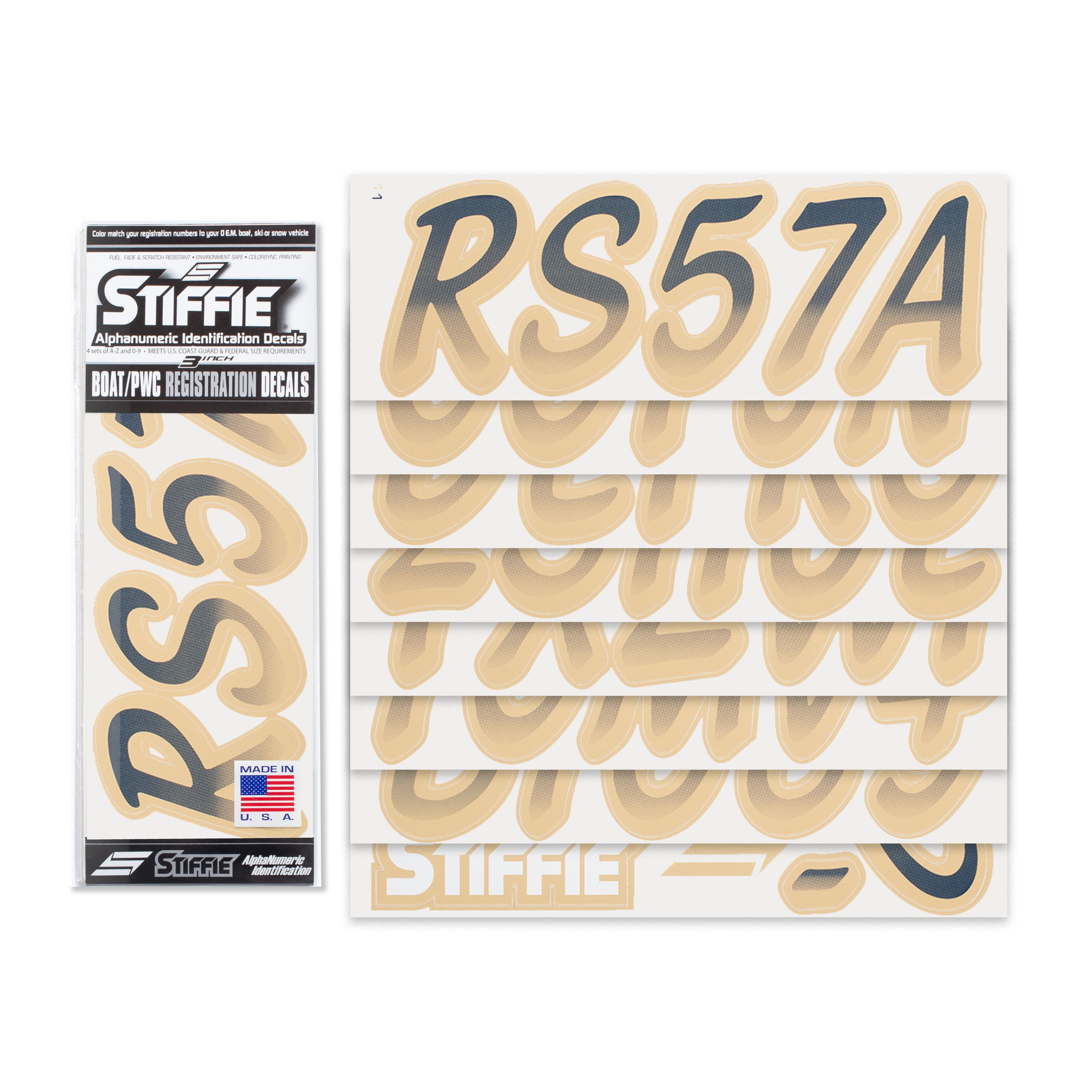 Stiffie Whipline Navy/Tan 3" Alpha-Numeric Registration Identification Numbers Stickers Decals for Boats & Personal Watercraft