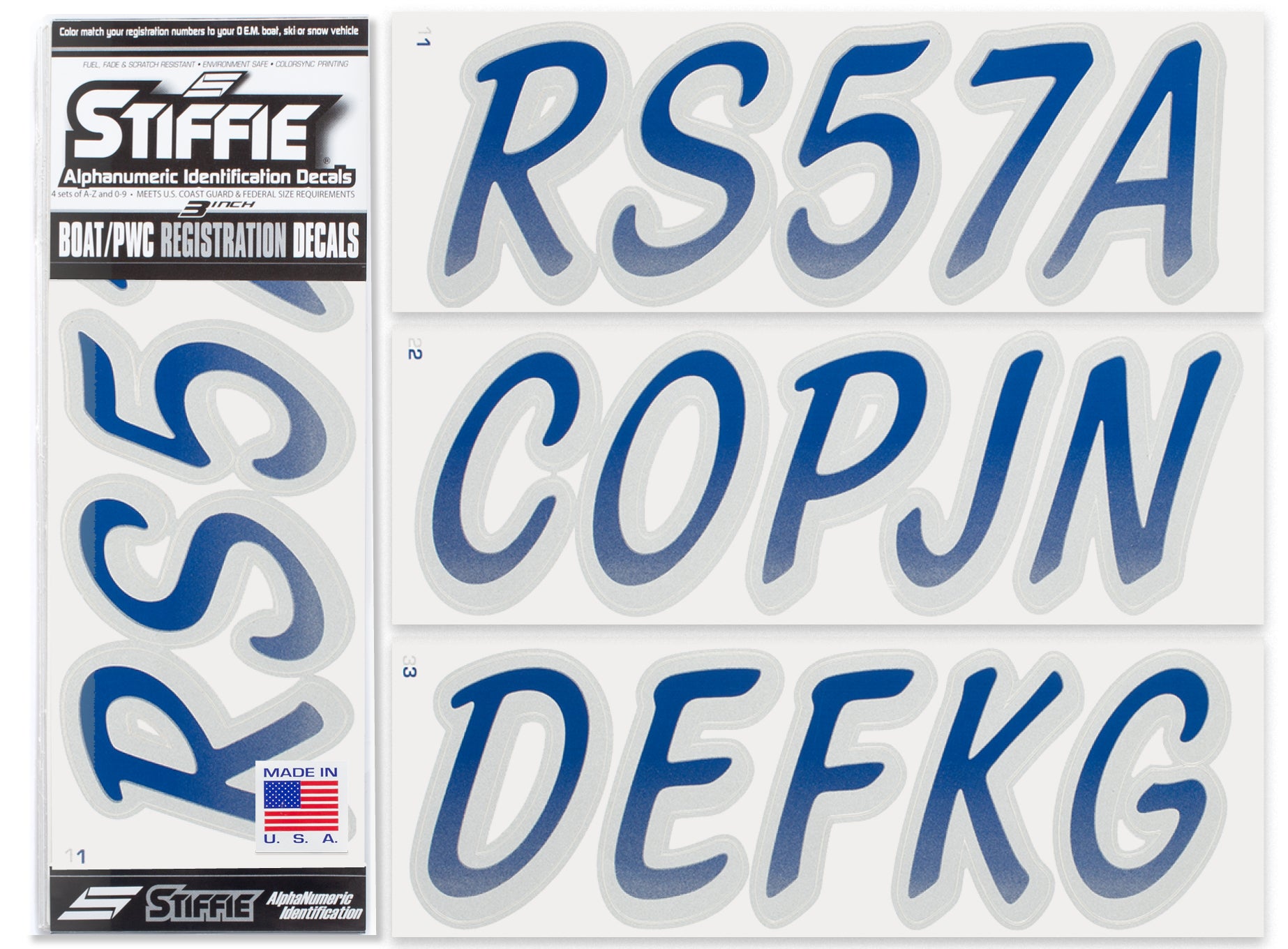 STIFFIE Whipline Navy/Metallic Silver 3" Boat & PWC Registration Decals • Numbers Letters Stickers
