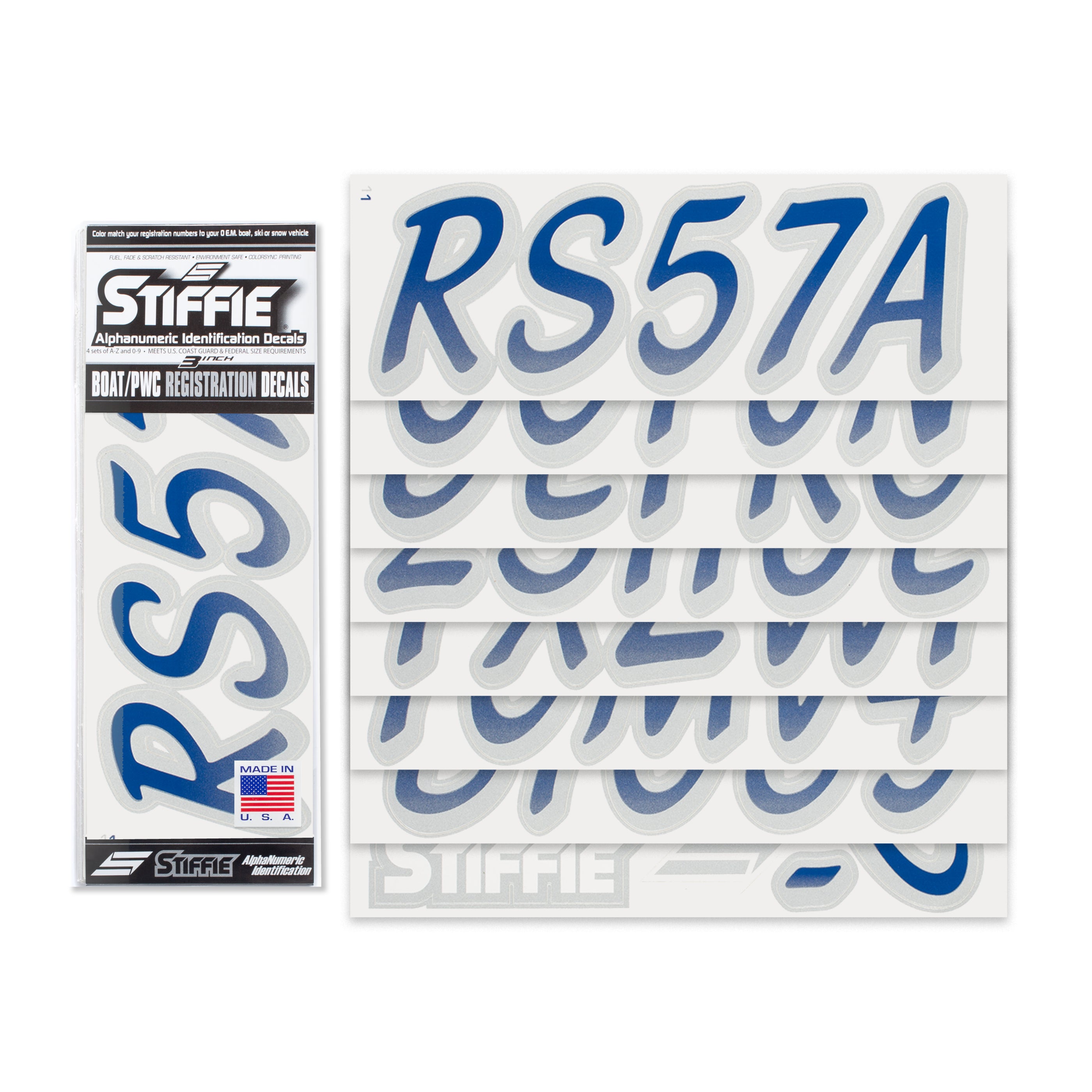 STIFFIE Whipline Navy/Metallic Silver 3" Boat & PWC Registration Decals • Numbers Letters Stickers