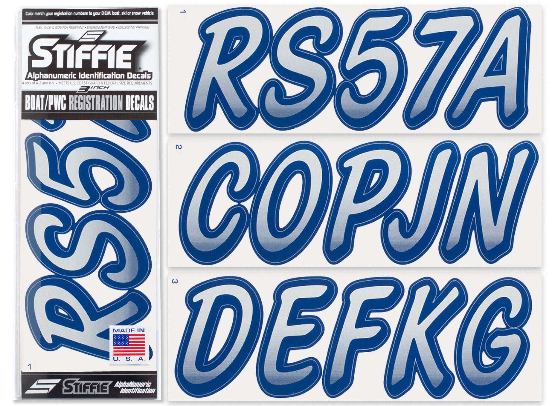 Stiffie Whipline Silver/Navy 3" Alpha-Numeric Registration Identification Numbers Stickers Decals for Boats & Personal Watercraft