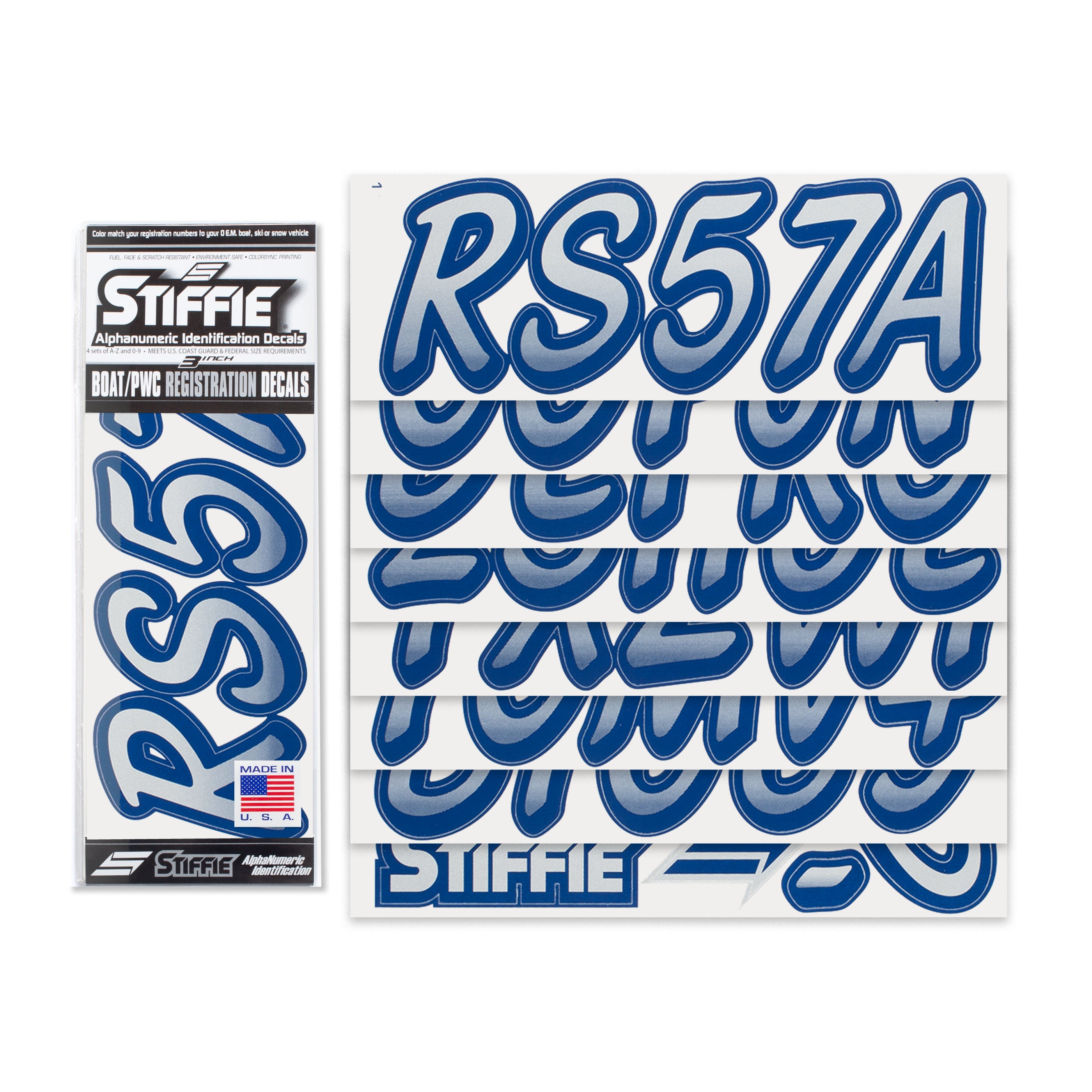 Stiffie Whipline Silver/Navy 3" Alpha-Numeric Registration Identification Numbers Stickers Decals for Boats & Personal Watercraft