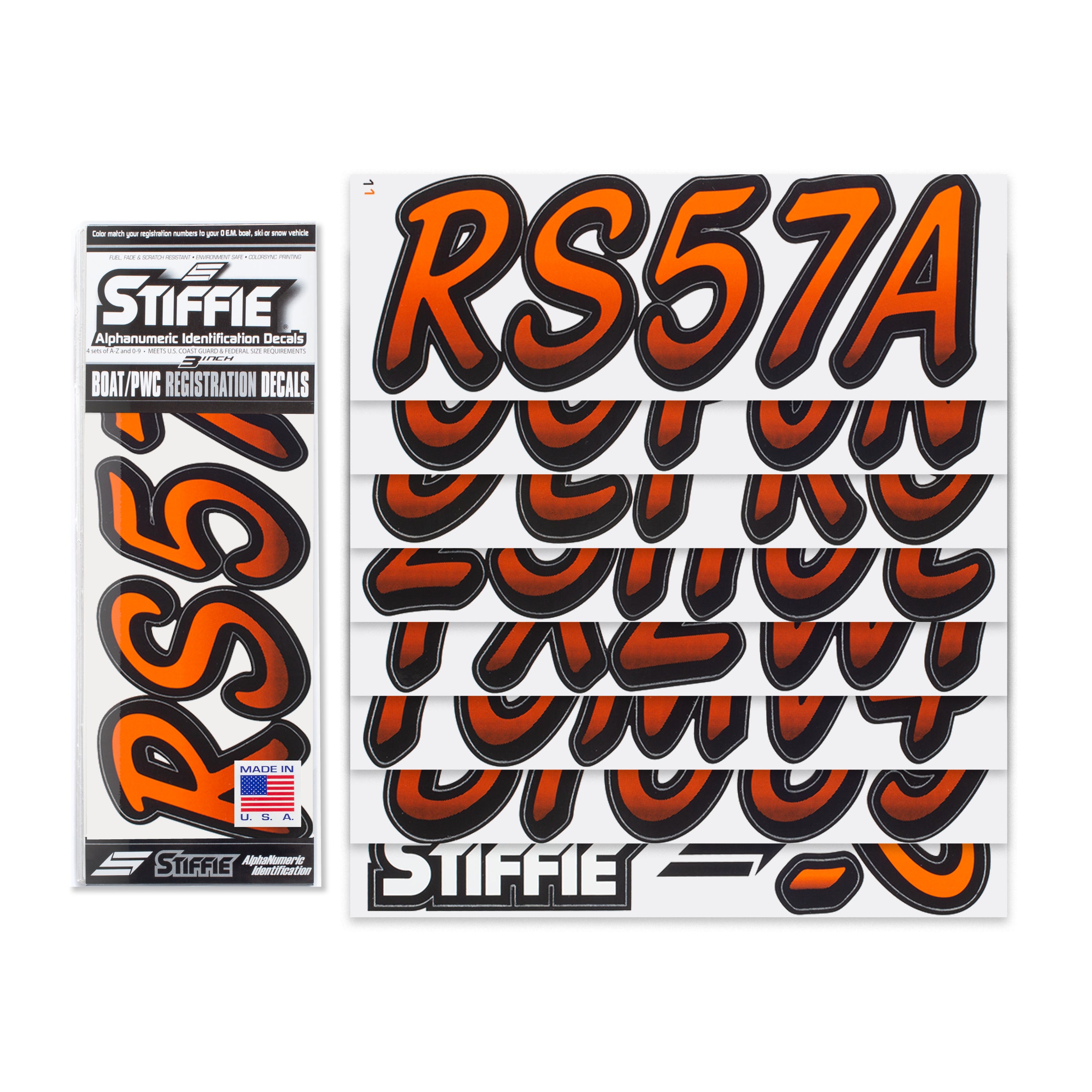 STIFFIE Whipline Orange/Black 3" Alpha-Numeric Registration Identification Numbers Stickers Decals for Boats & Personal Watercraft