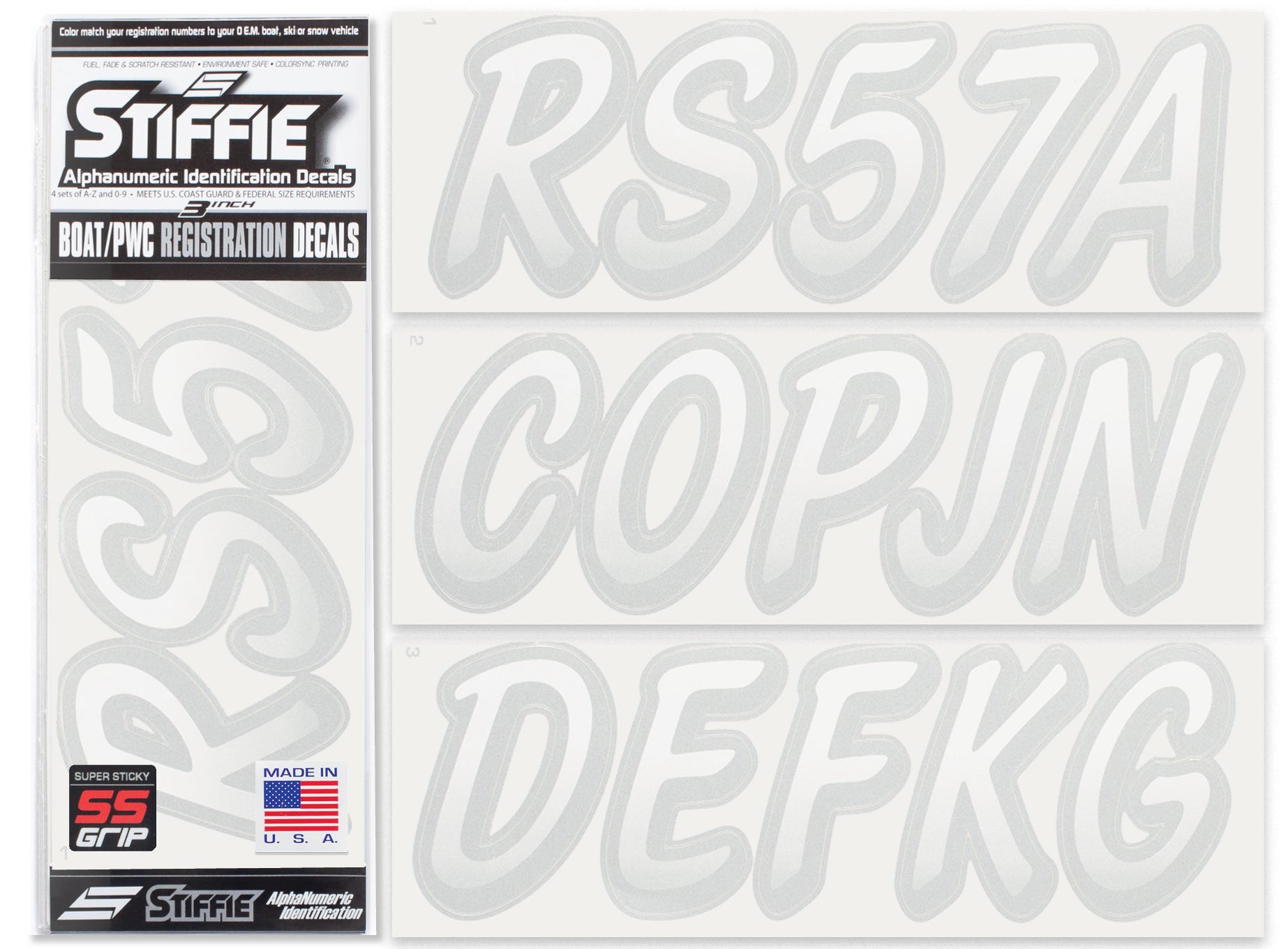 Stiffie Whipline White/Silver Super Sticky 3" Alpha Numeric Registration Identification Numbers Stickers Decals for Sea-Doo Spark, Inflatable Boats, Ribs, Hypalon/PVC, PWC and Boats.