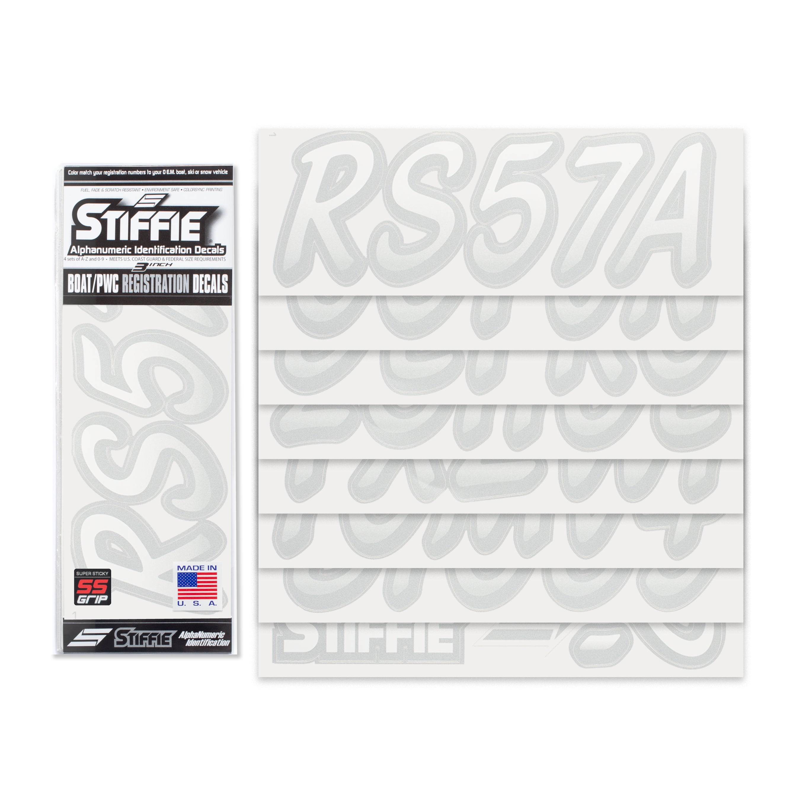 Stiffie Whipline White/Silver Super Sticky 3" Alpha Numeric Registration Identification Numbers Stickers Decals for Sea-Doo Spark, Inflatable Boats, Ribs, Hypalon/PVC, PWC and Boats.
