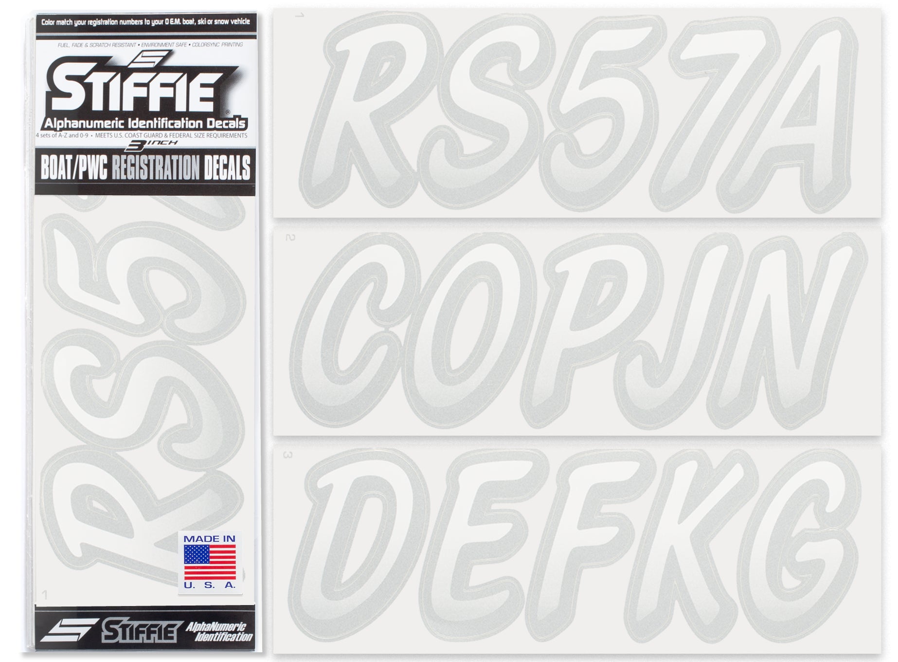 STIFFIE Whipline White/Silver 3" Alpha-Numeric Registration Identification Numbers Stickers Decals for Boats & Personal Watercraft