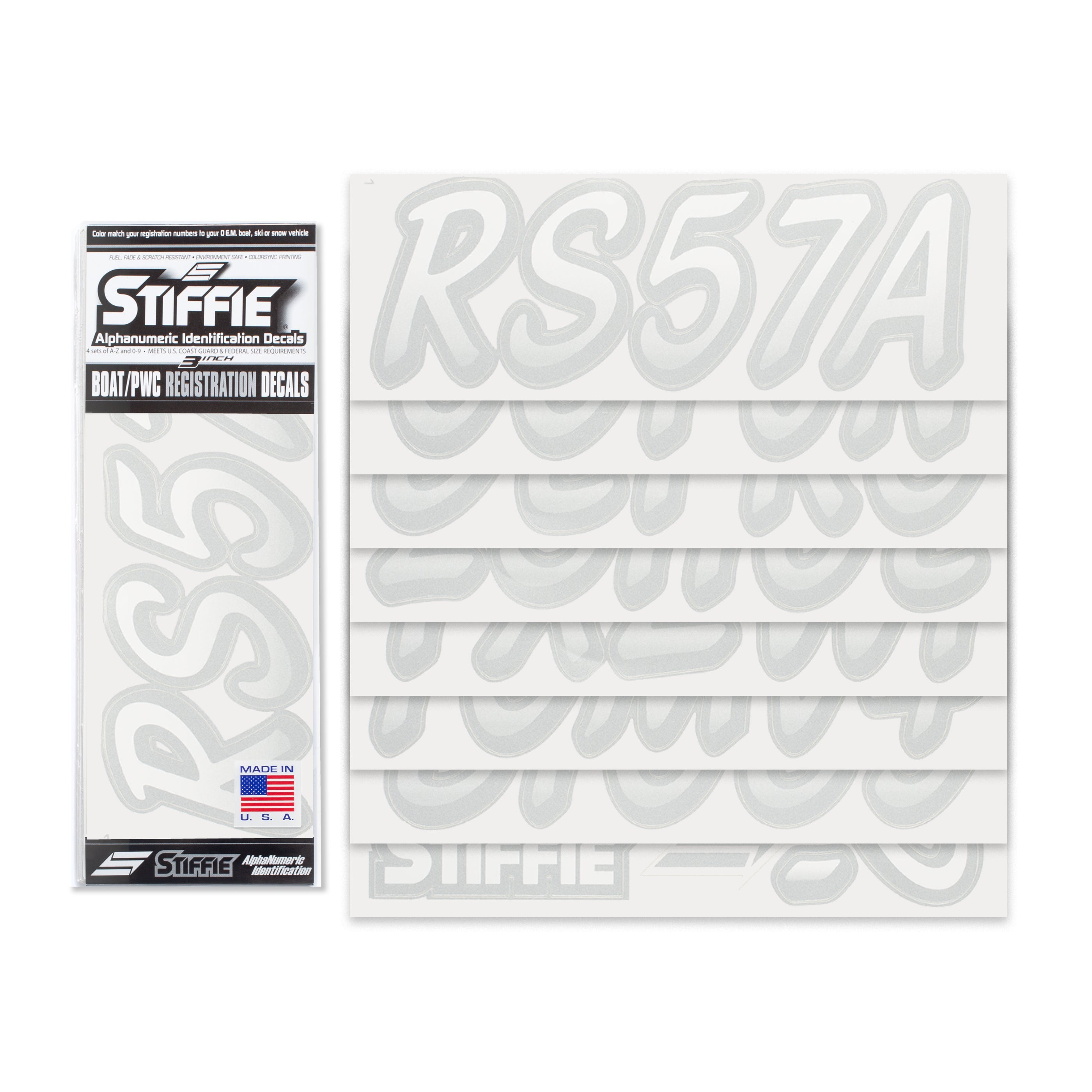 STIFFIE Whipline White/Silver 3" Alpha-Numeric Registration Identification Numbers Stickers Decals for Boats & Personal Watercraft