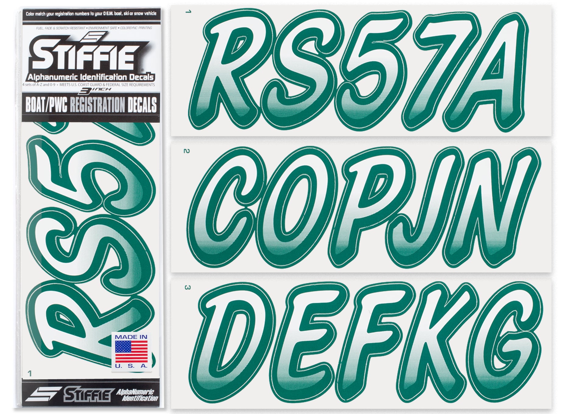 Stiffie Whipline White/Racing Green 3" Alpha-Numeric Registration Identification Numbers Stickers Decals for Boats & Personal Watercraft