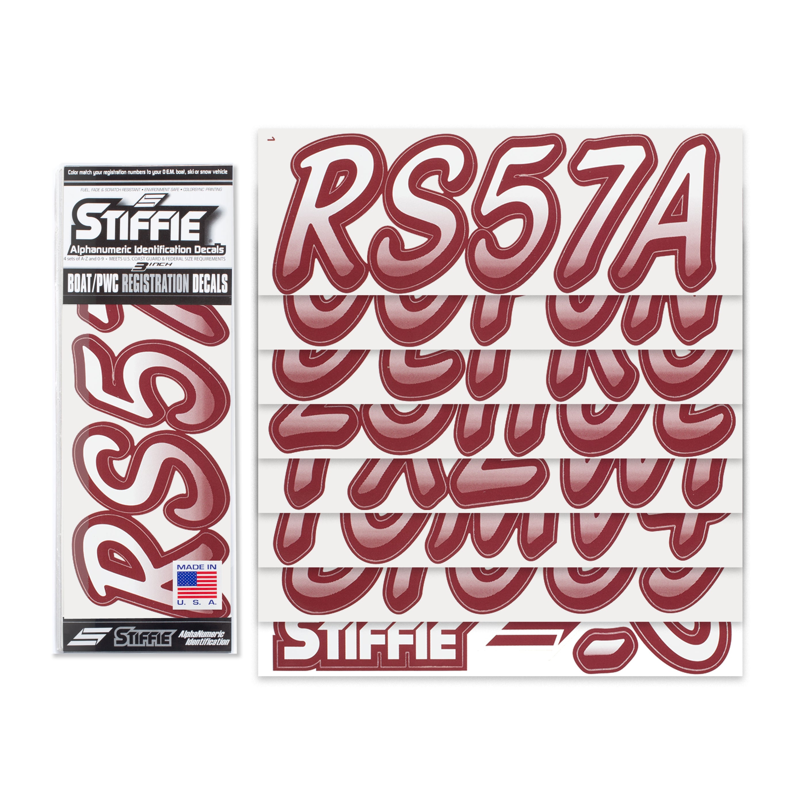 Stiffie Whipline White/Burgundy 3" Alpha-Numeric Registration Identification Numbers Stickers Decals for Boats & Personal Watercraft