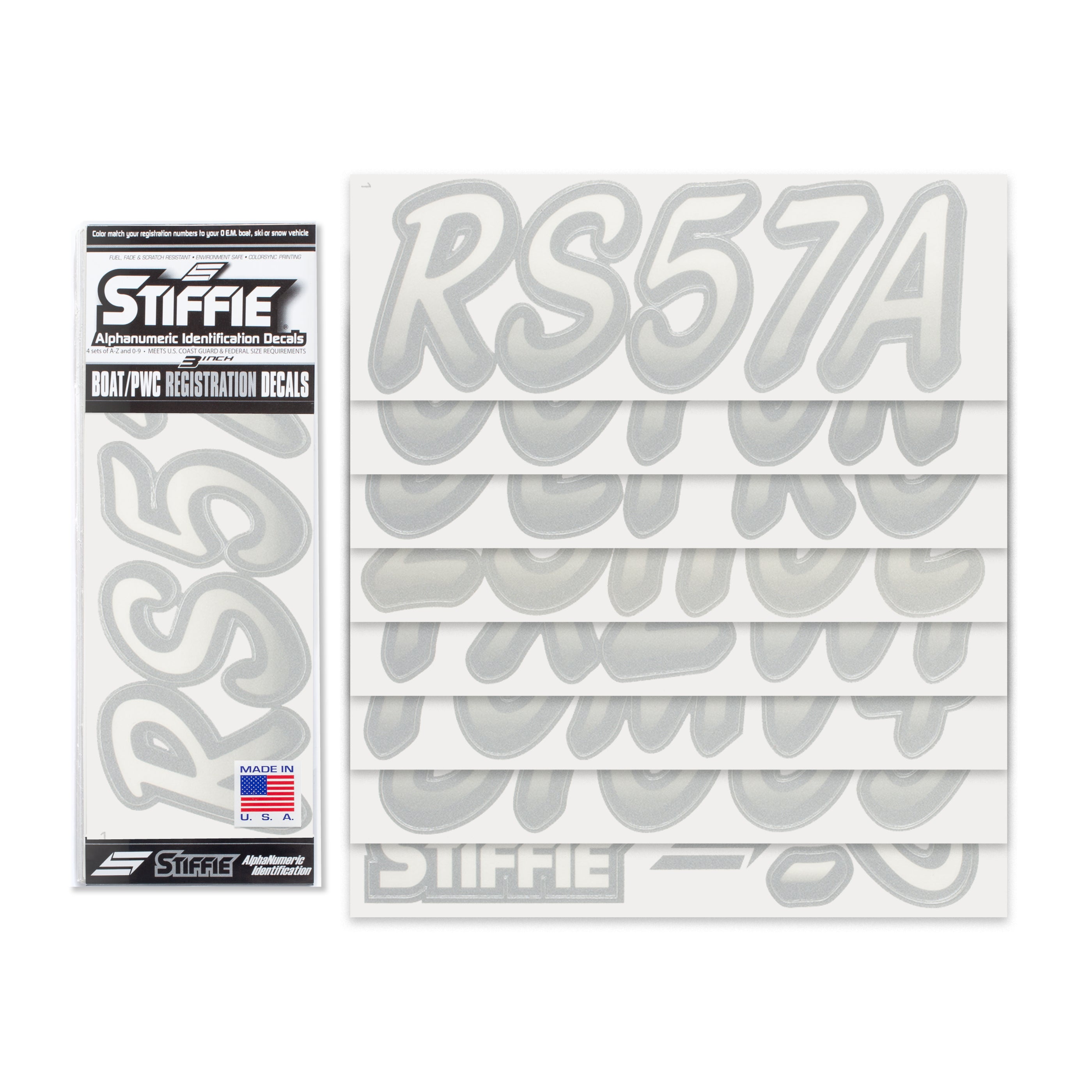 STIFFIE Whipline Trancparent Clear / Silver 3" Alpha-Numeric Registration Identification Numbers Stickers Decals for Boats & Personal Watercraft