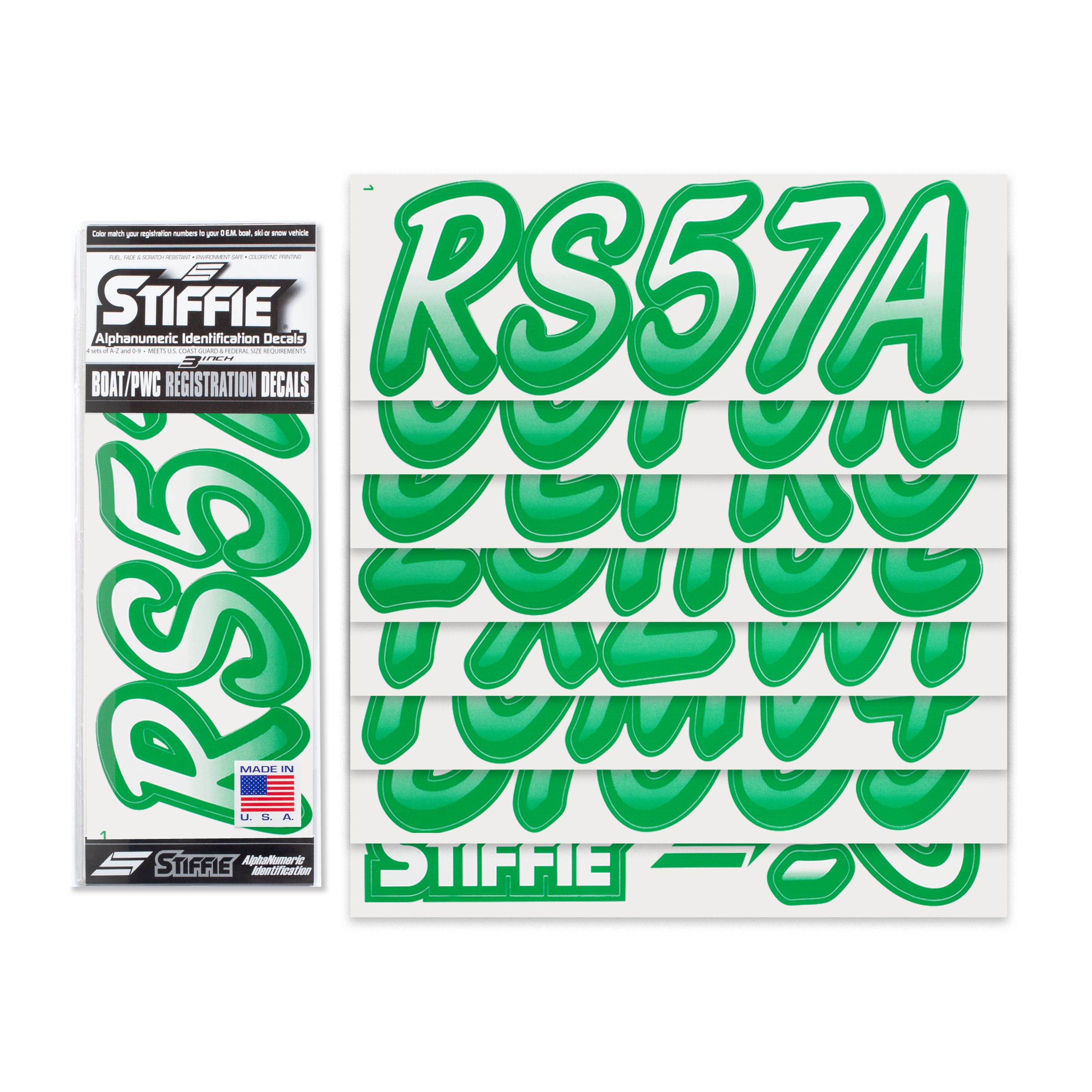 STIFFIE Whipline White/Green 3" Alpha-Numeric Registration Identification Numbers Stickers Decals for Boats & Personal Watercraft