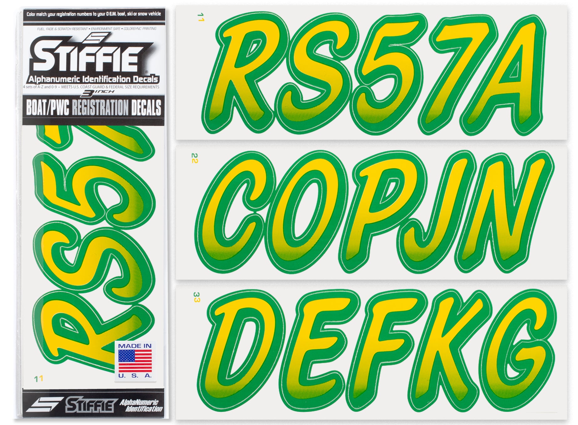 STIFFIE Whipline Yellow/Green 3" Alpha-Numeric Registration Identification Numbers Stickers Decals for Boats & Personal Watercraft