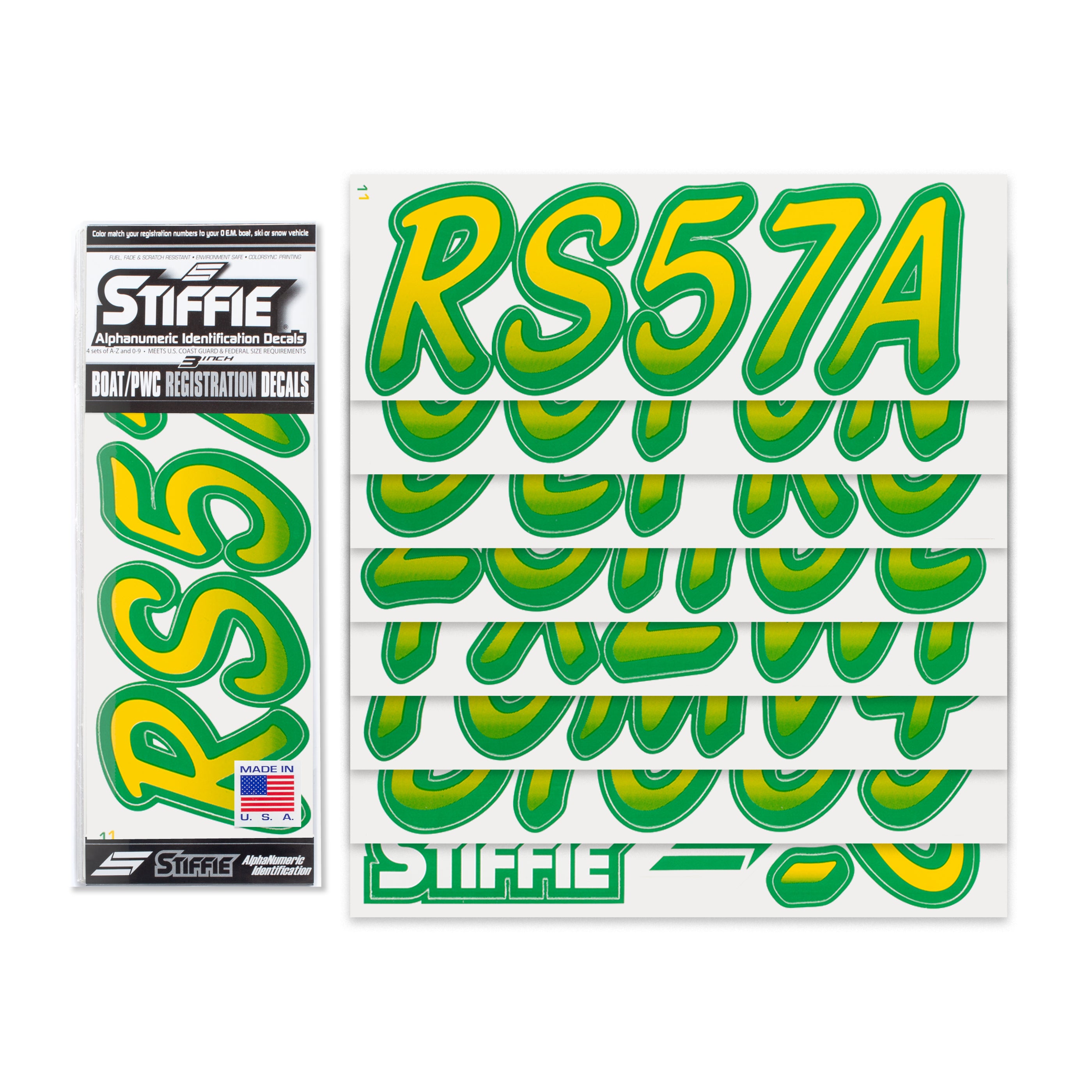 STIFFIE Whipline Yellow/Green 3" Alpha-Numeric Registration Identification Numbers Stickers Decals for Boats & Personal Watercraft