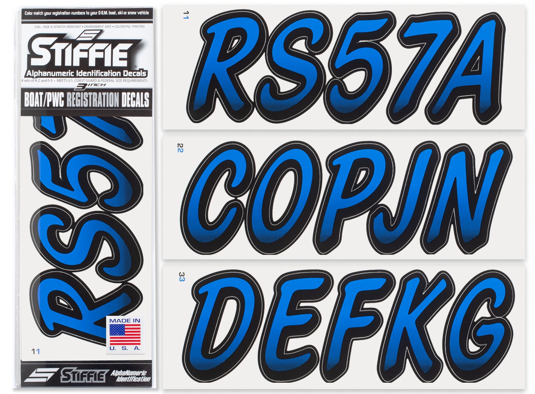 STIFFIE Whipline Octane Blue/Black 3" Alpha-Numeric Registration Identification Numbers Stickers Decals for Boats & Personal Watercraft