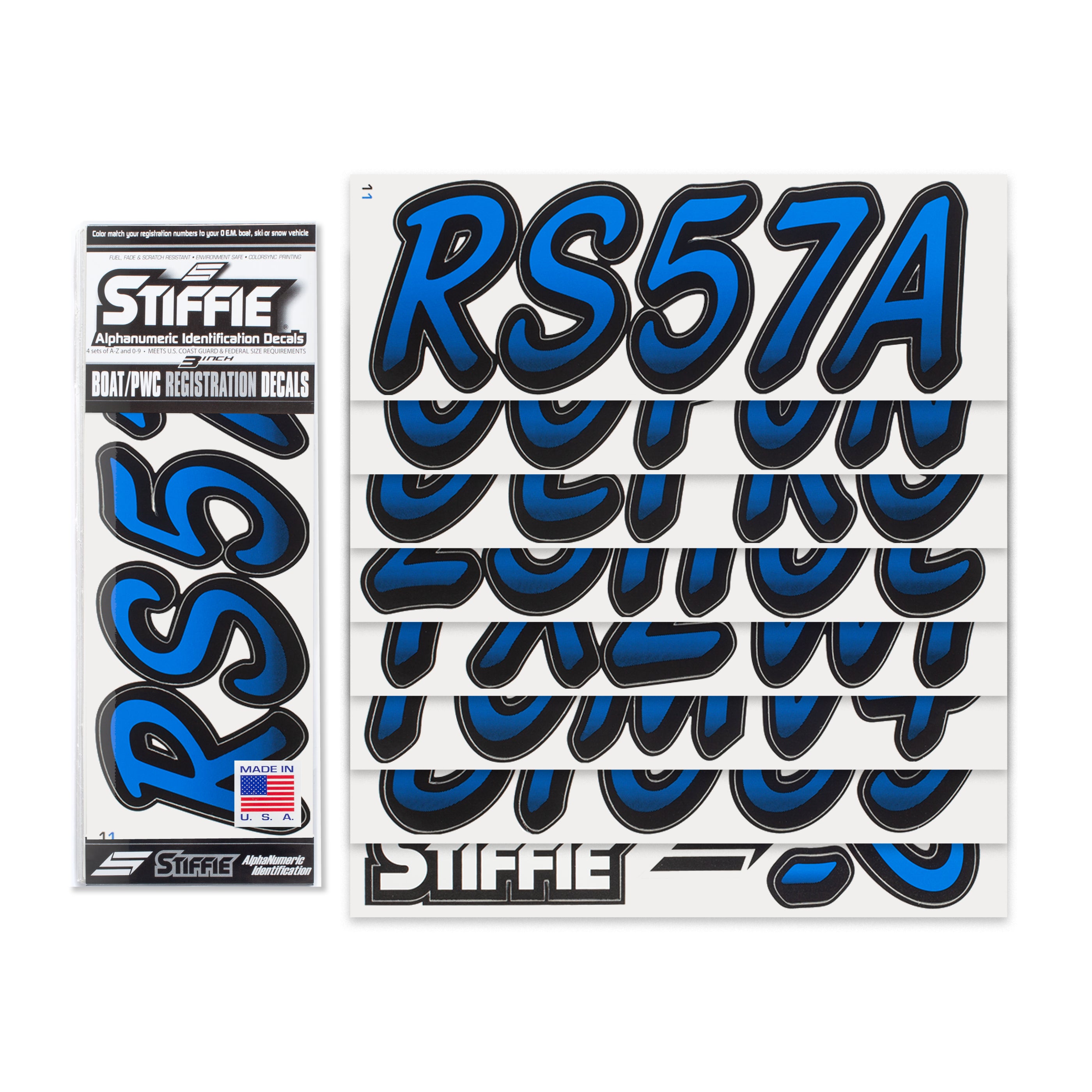 STIFFIE Whipline Octane Blue/Black 3" Alpha-Numeric Registration Identification Numbers Stickers Decals for Boats & Personal Watercraft