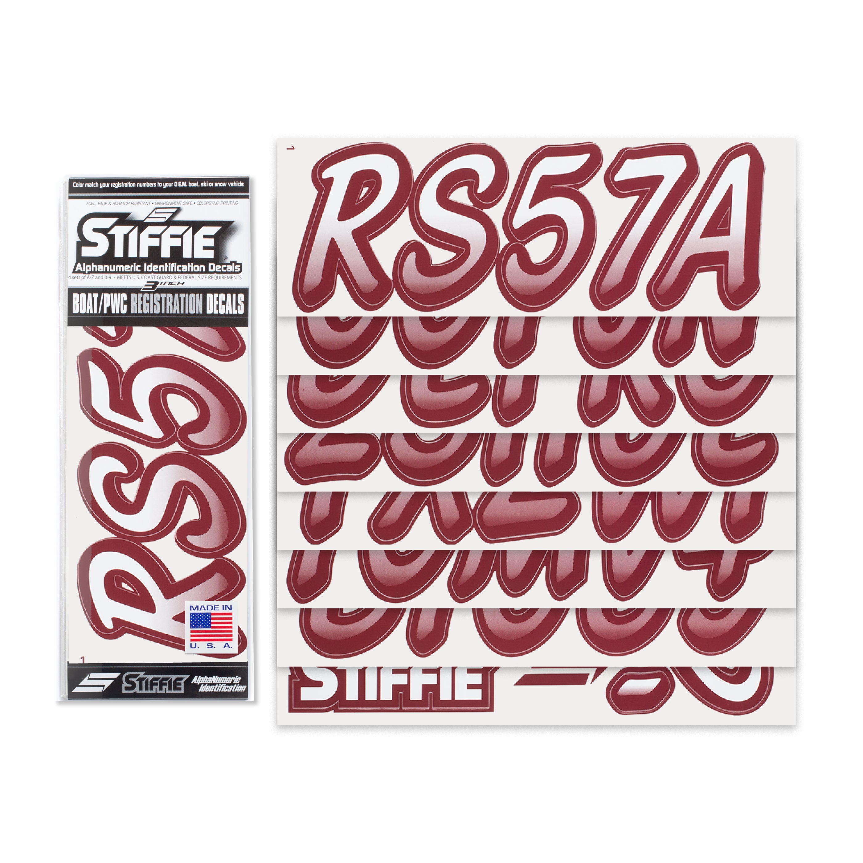 STIFFIE Whipline White / Wine 3" Alpha-Numeric Registration Identification Numbers Stickers Decals for Boats & Personal Watercraft