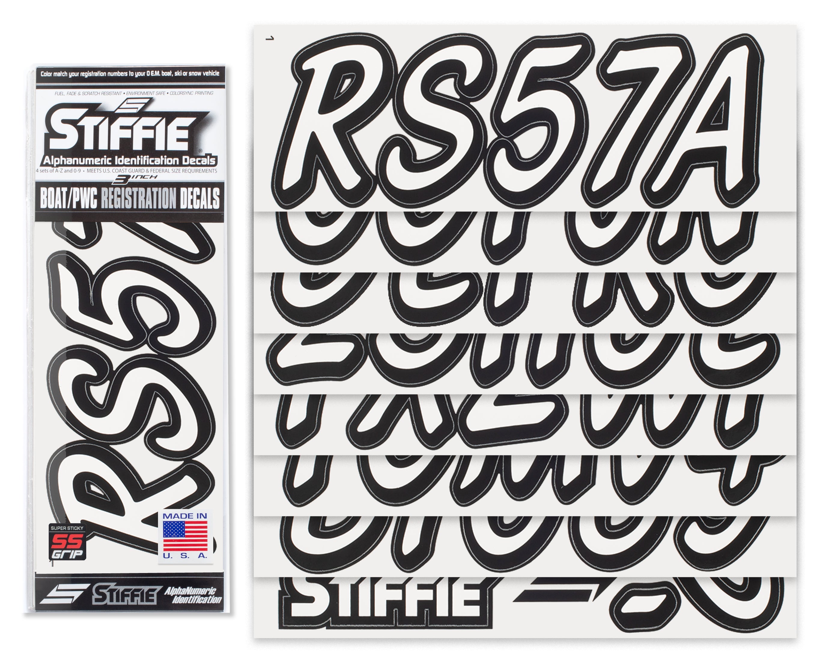 STIFFIE Whipline Solid White/Black Super Sticky 3" Alpha-Numeric Registration Identification Numbers Stickers Decals for Boats & Personal Watercraft