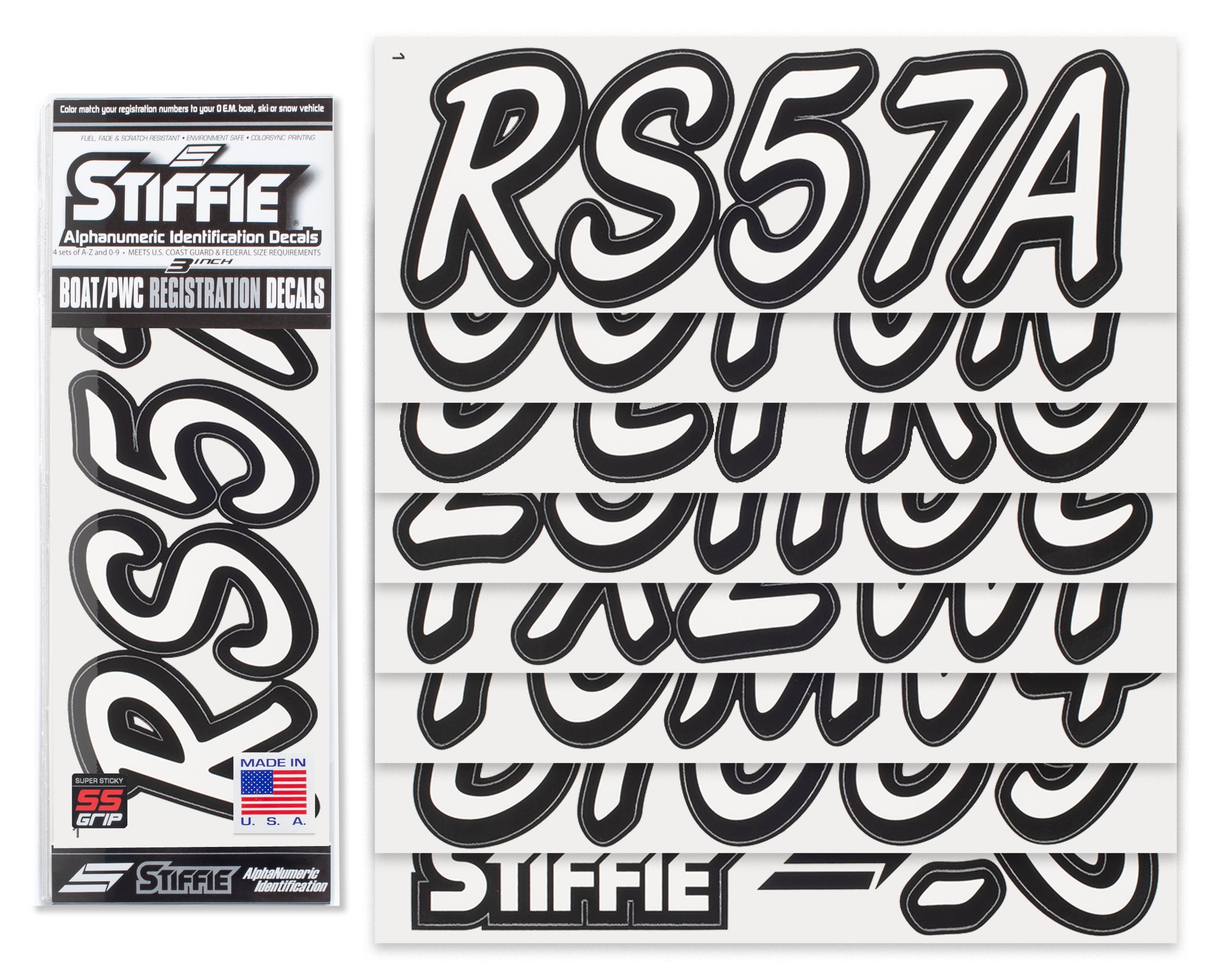 STIFFIE Whipline Solid White/Black 3” Super Sticky Boat & PWC Registration Decals • Numbers Letters Stickers