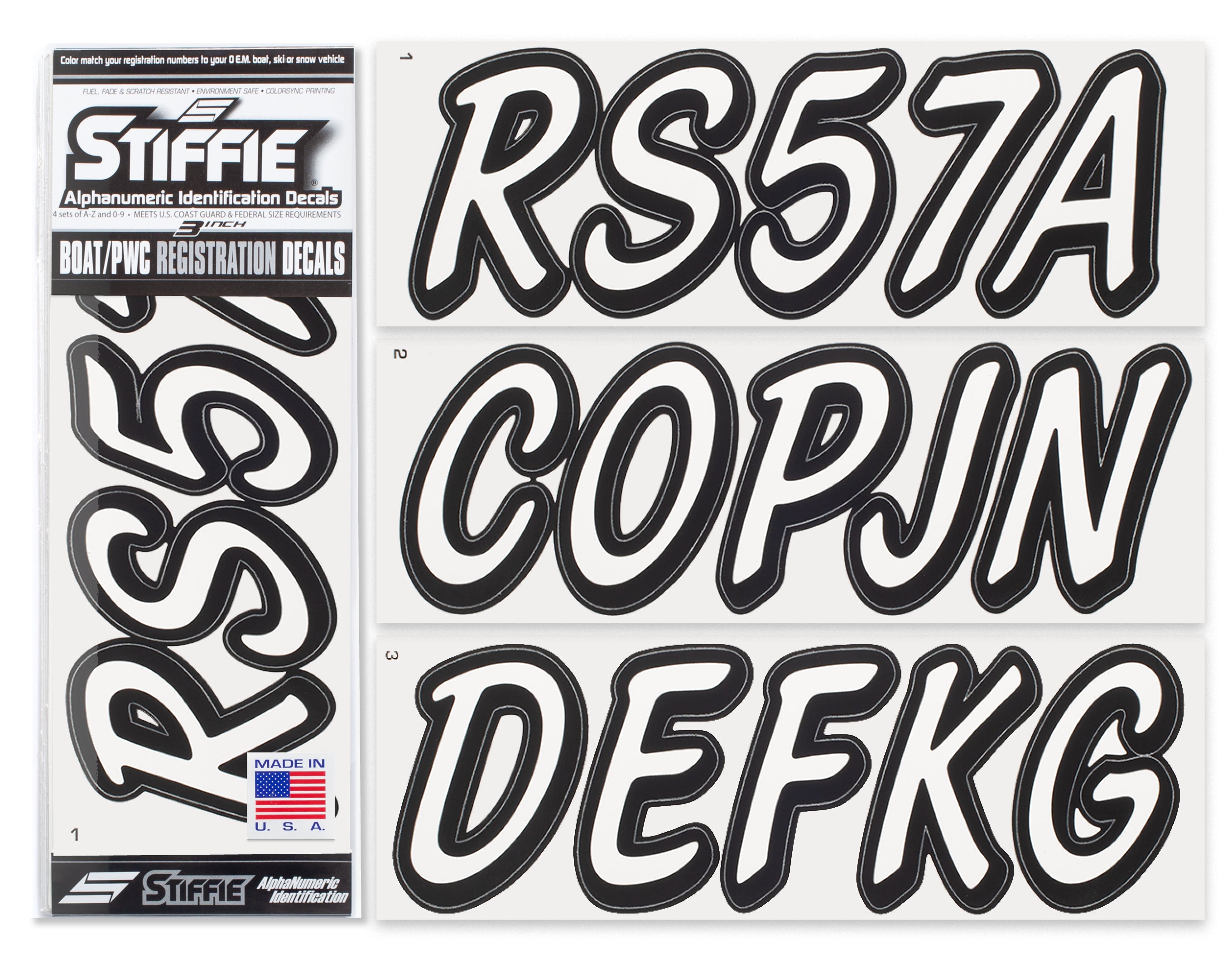 STIFFIE Whipline Solid White/Black 3" Alpha-Numeric Registration Identification Numbers Stickers Decals for Boats & Personal Watercraft