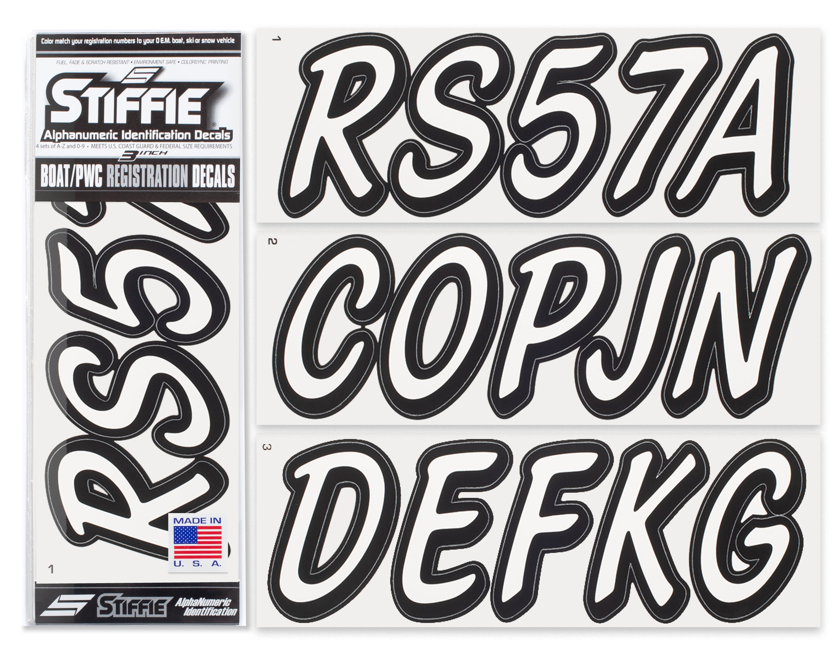 STIFFIE Whipline Solid White/Black 3” Boat & PWC Registration Decals • Numbers Letters Stickers