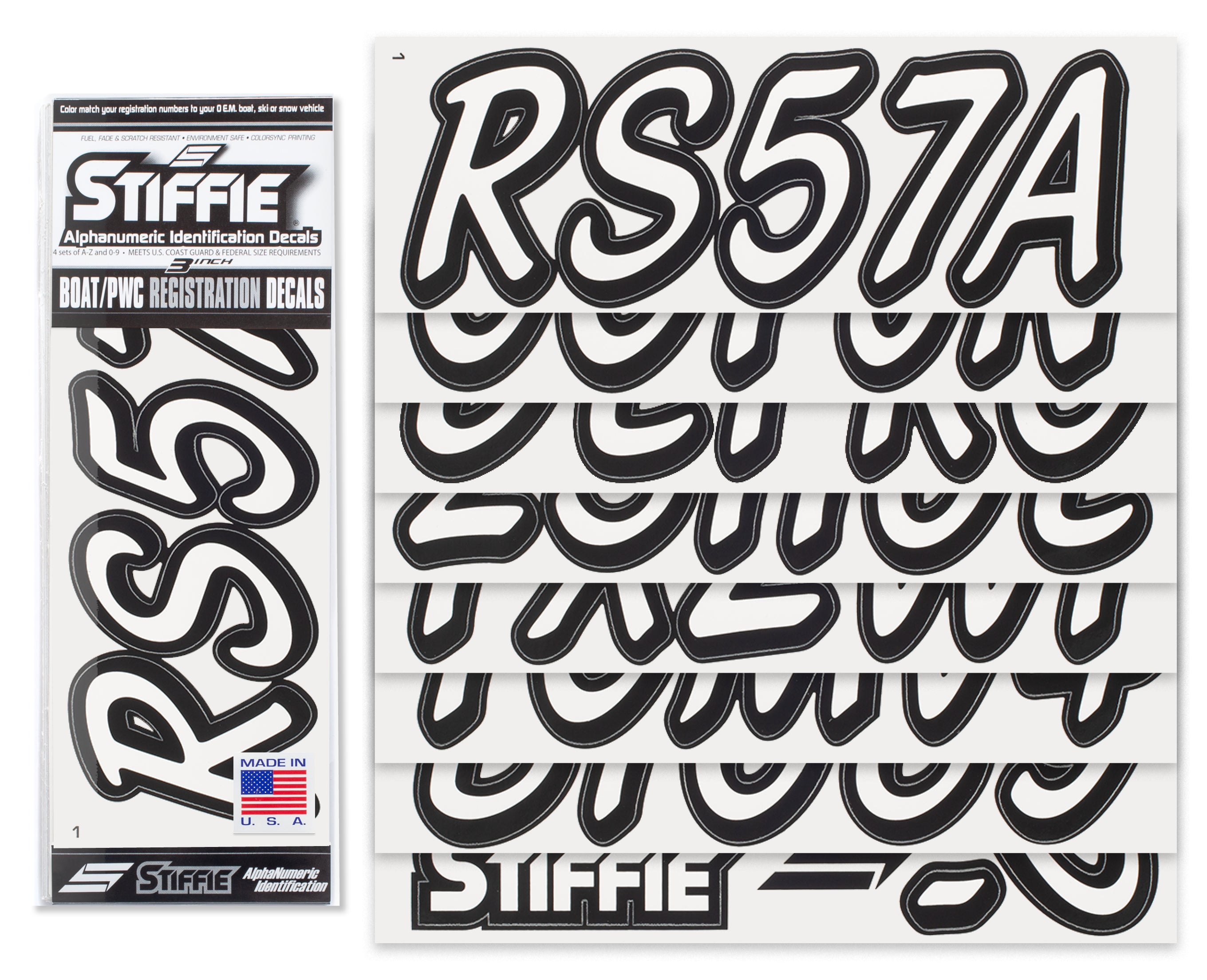 STIFFIE Whipline Solid White/Black 3" Alpha-Numeric Registration Identification Numbers Stickers Decals for Boats & Personal Watercraft