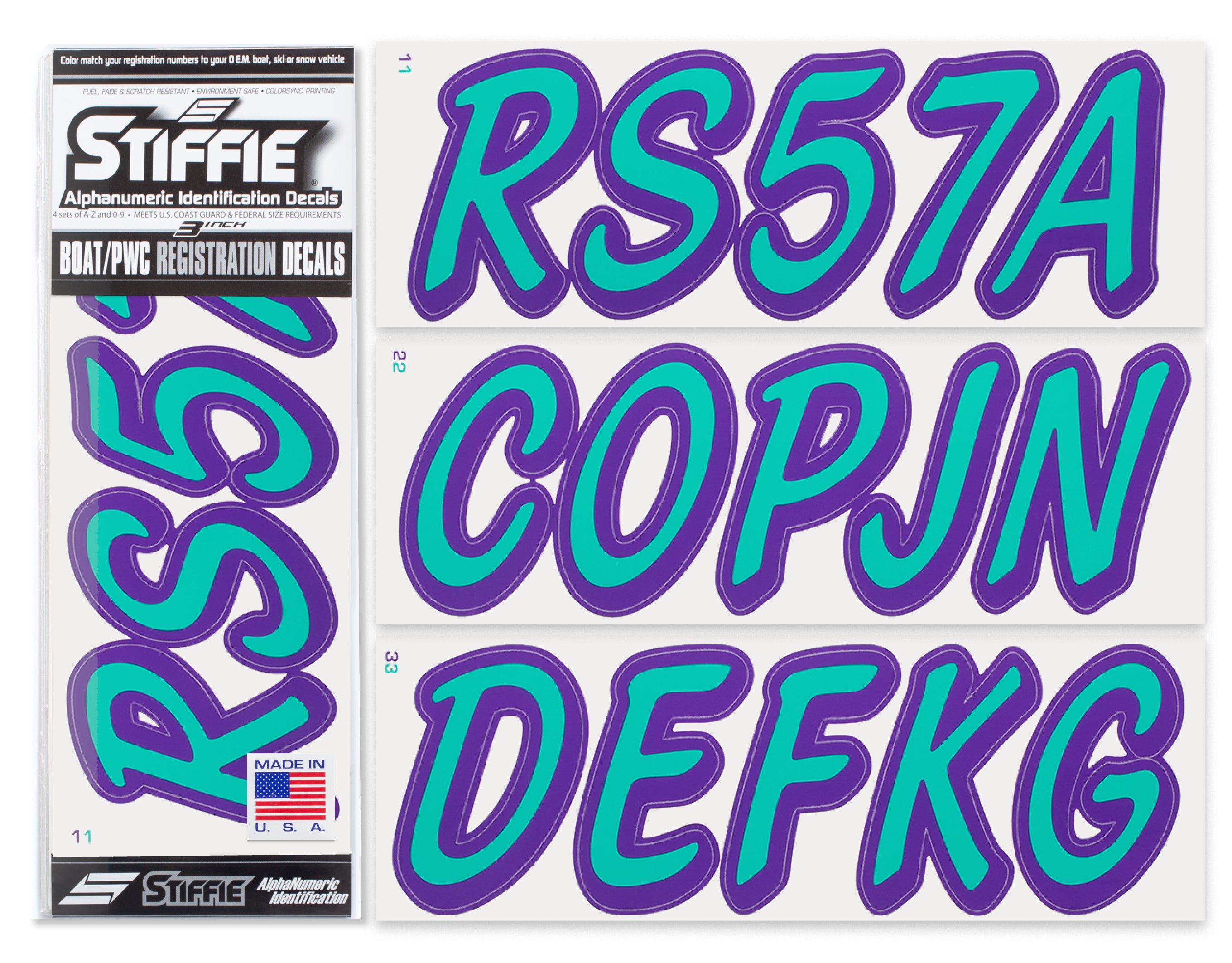STIFFIE Whipline Solid SeaTeal/Purple 3" Alpha-Numeric Registration Identification Numbers Stickers Decals for Boats & Personal Watercraft