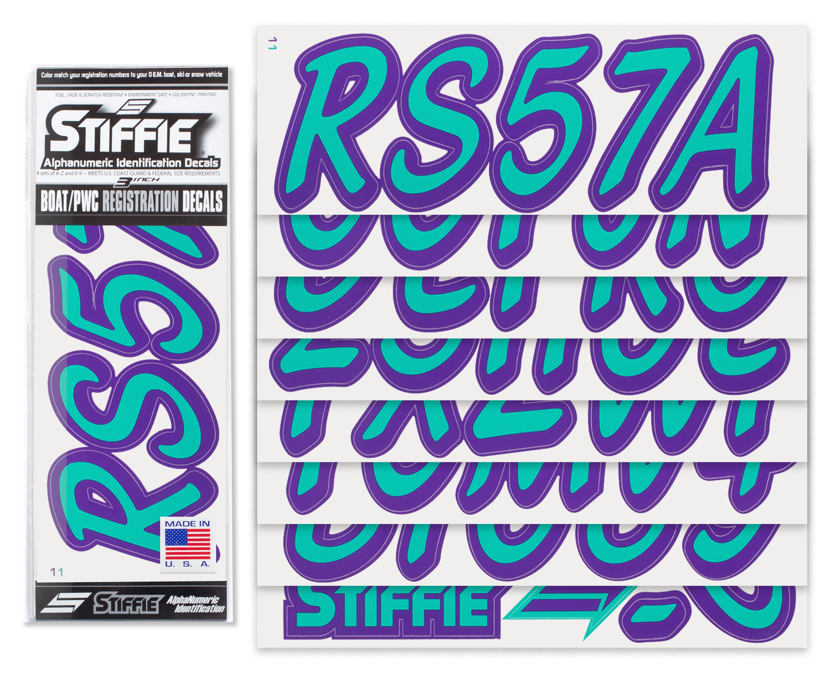 STIFFIE Whipline Solid SeaTeal/Purple 3" Alpha-Numeric Registration Identification Numbers Stickers Decals for Boats & Personal Watercraft