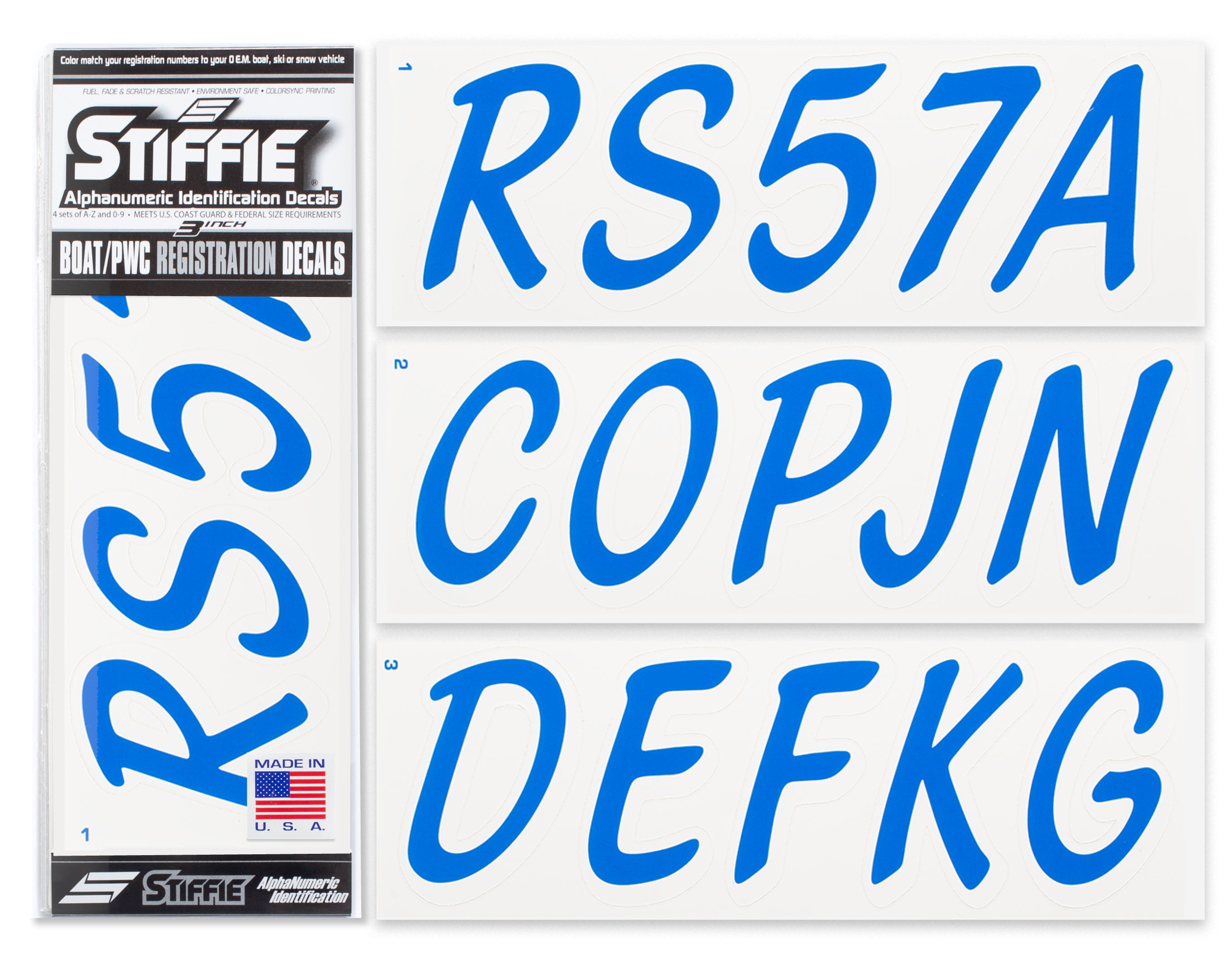 STIFFIE Whipline Solid Blue/White 3” Boat & PWC Registration Decals • Numbers Letters Stickers