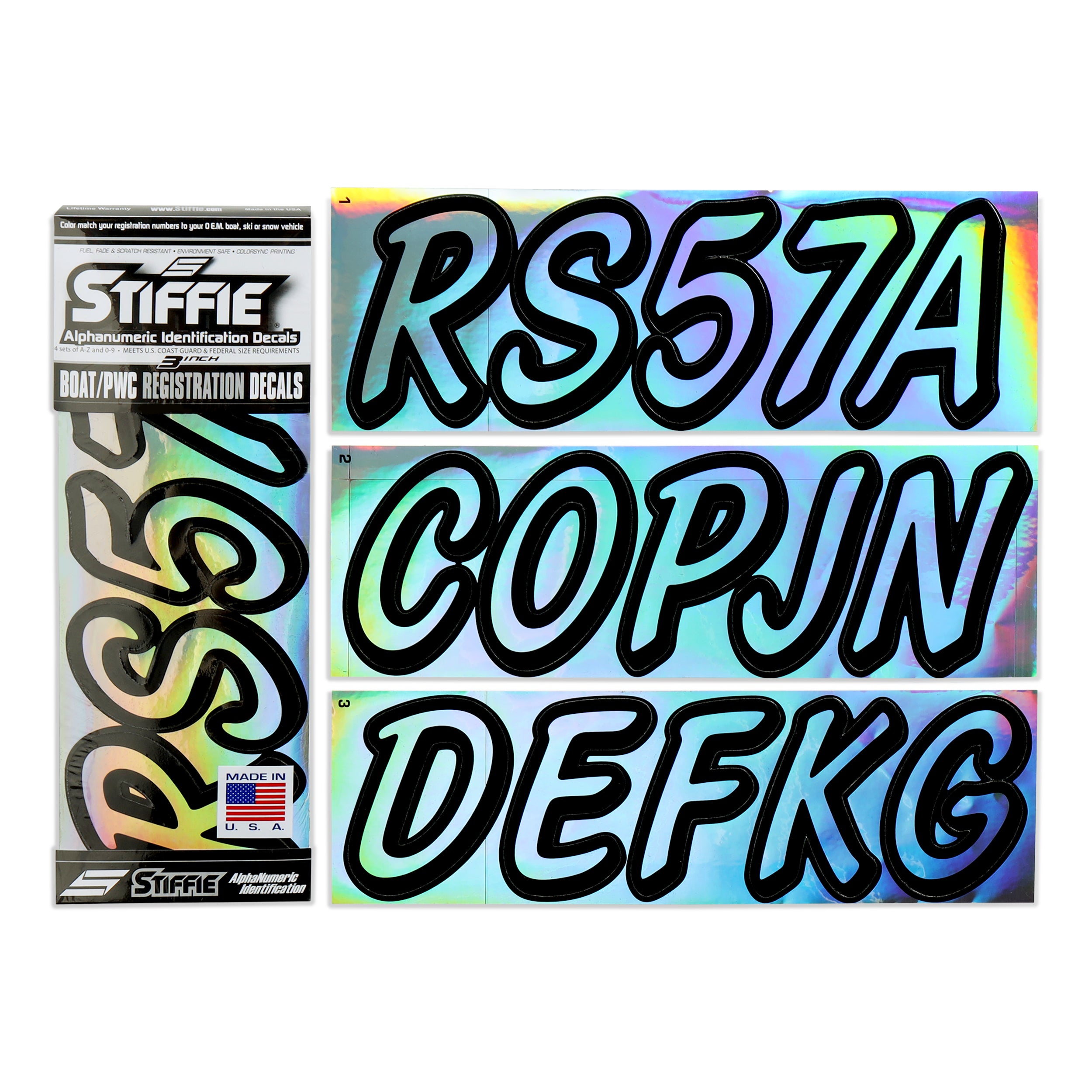 STIFFIE Whipline Solid Chrome/Black 3" Alpha-Numeric Registration Identification Numbers Stickers Decals for Boats & Personal Watercraft
