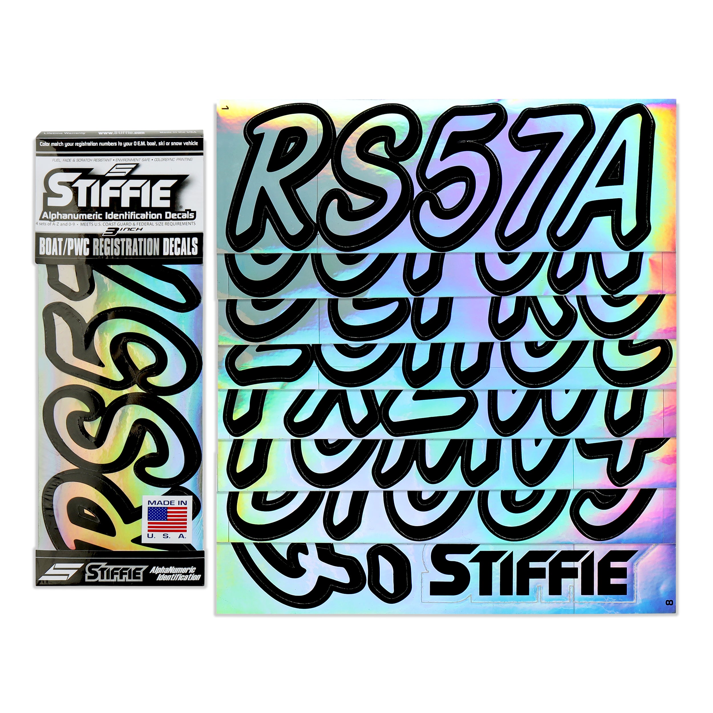 STIFFIE Whipline Solid Chrome/Black 3" Alpha-Numeric Registration Identification Numbers Stickers Decals for Boats & Personal Watercraft