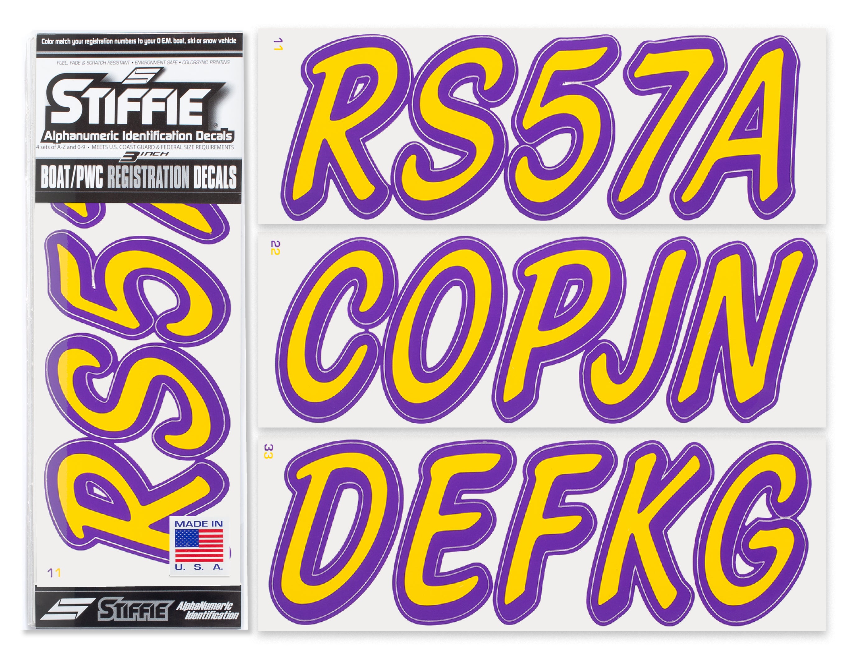 STIFFIE Whipline Solid Yellow/Purple 3" Alpha-Numeric Registration Identification Numbers Stickers Decals for Boats & Personal Watercraft