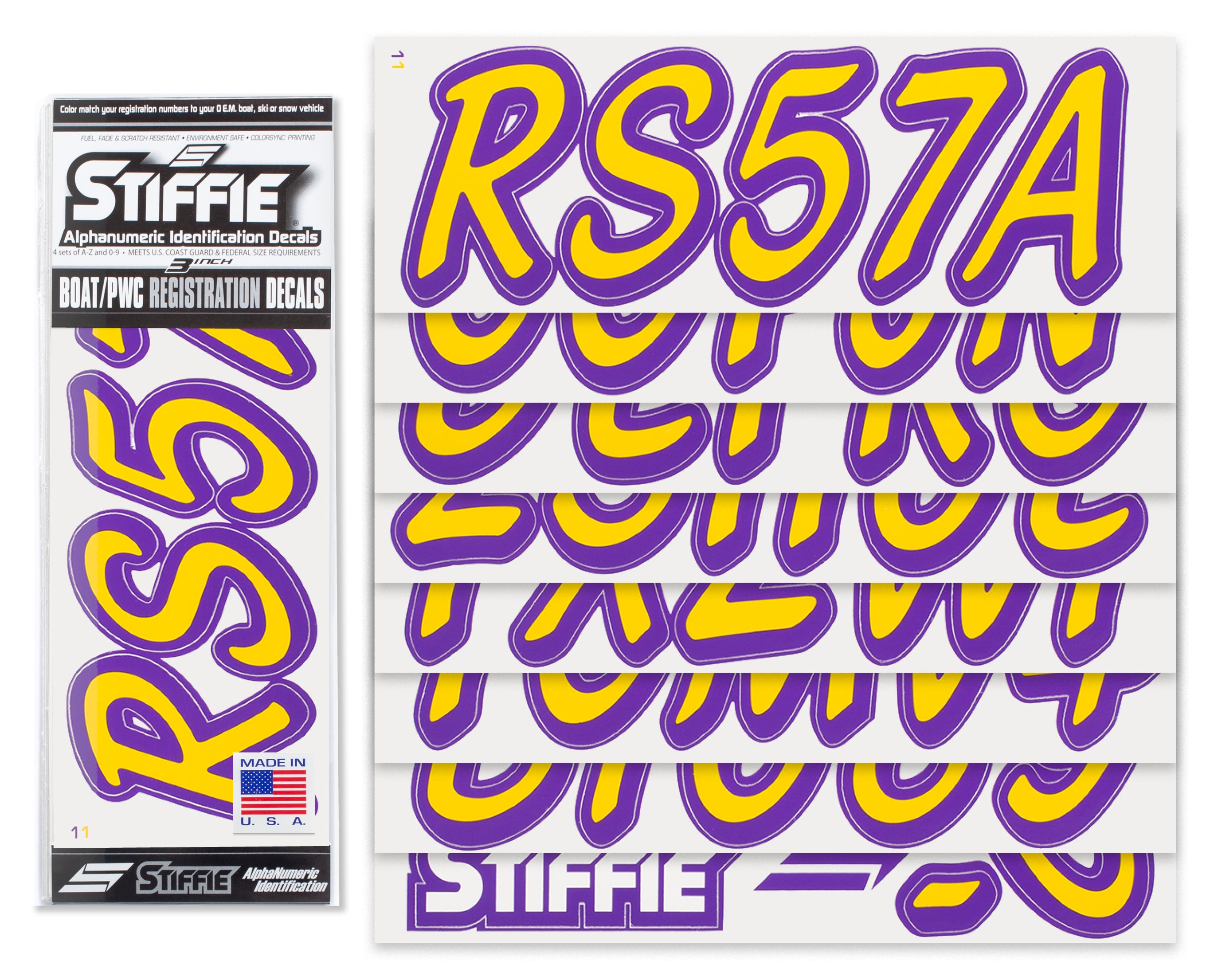 STIFFIE Whipline Solid Yellow/Purple 3" Alpha-Numeric Registration Identification Numbers Stickers Decals for Boats & Personal Watercraft
