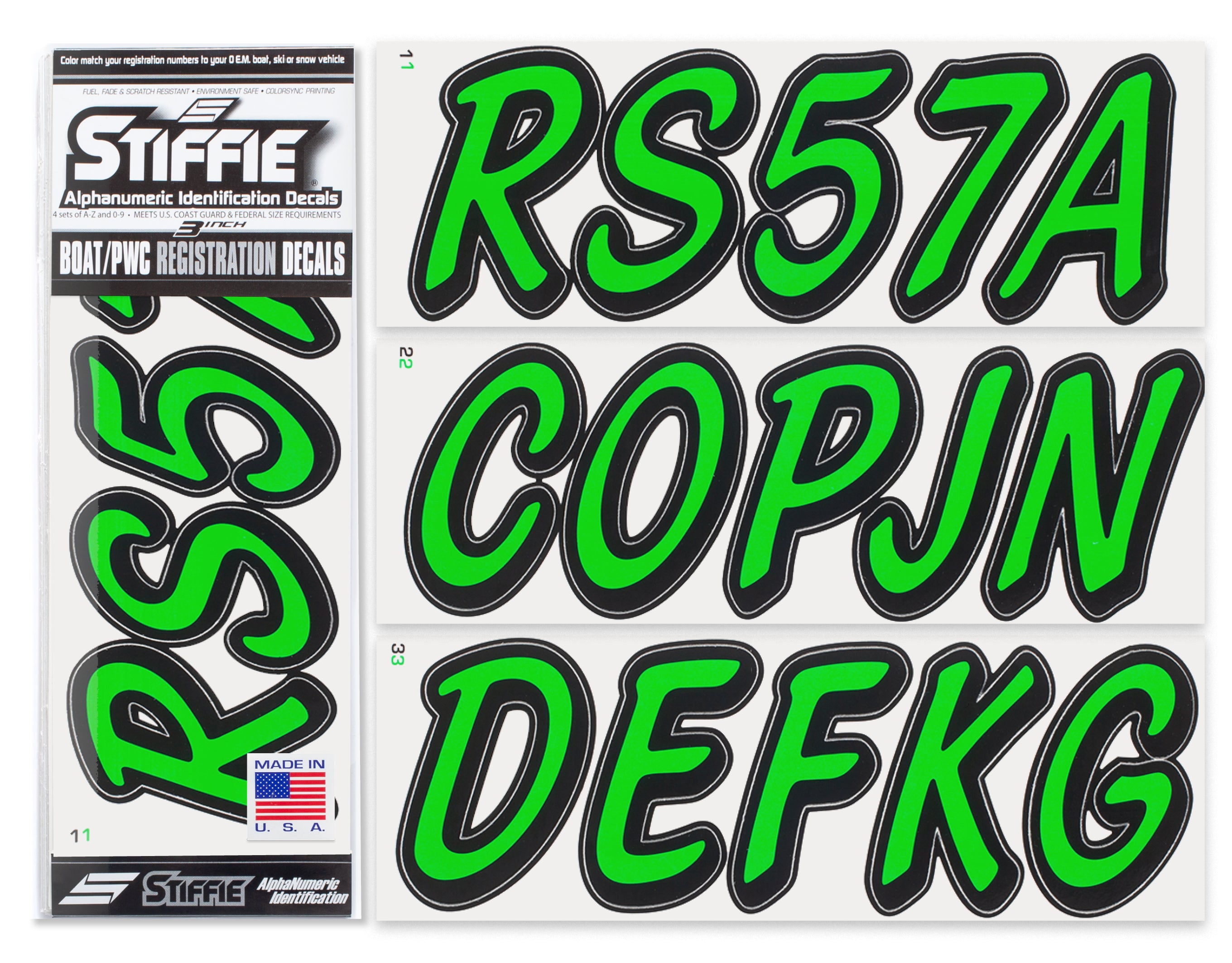 STIFFIE Whipline Solid Electric Green/Black 3" Alpha-Numeric Registration Identification Numbers Stickers Decals for Boats & Personal Watercraft