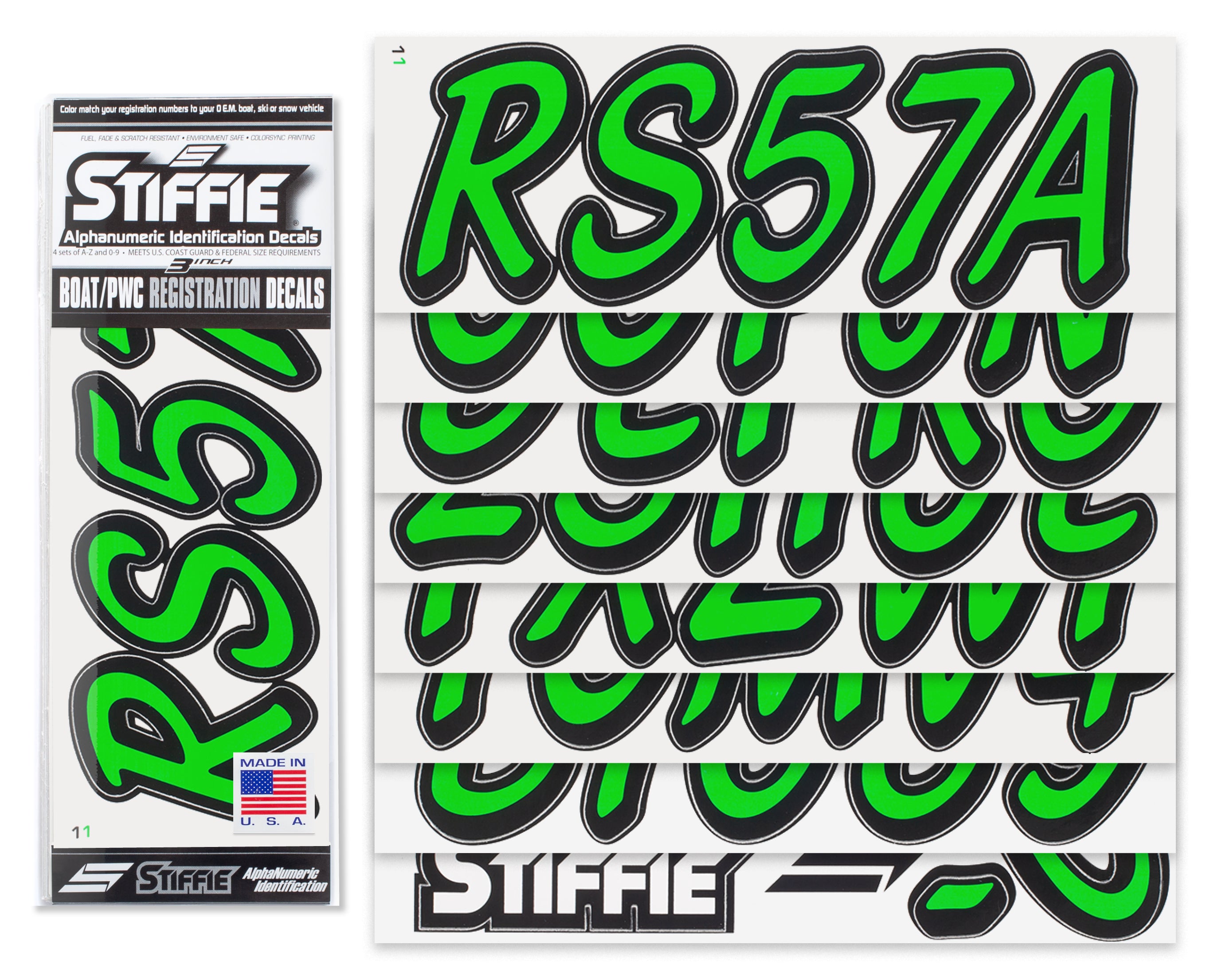 STIFFIE Whipline Solid Electric Green/Black 3" Alpha-Numeric Registration Identification Numbers Stickers Decals for Boats & Personal Watercraft