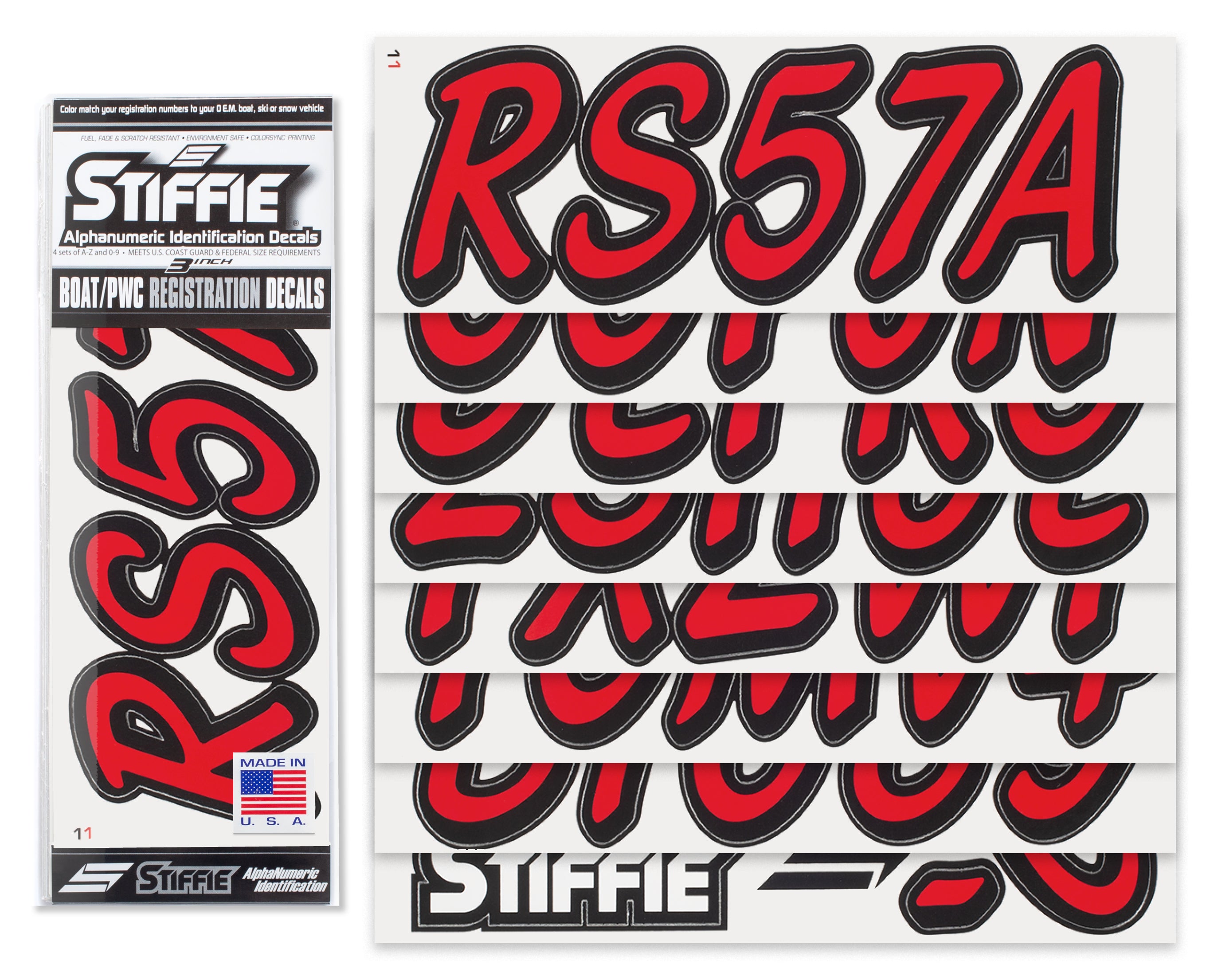 STIFFIE Whipline Solid Red/Black 3" Alpha-Numeric Registration Identification Numbers Stickers Decals for Boats & Personal Watercraft