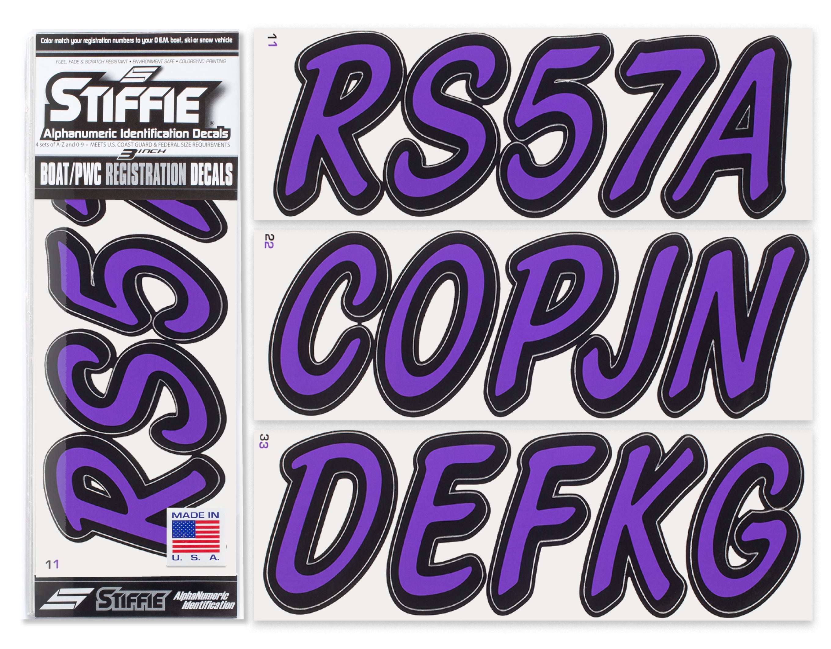 STIFFIE Whipline Solid Purple/Black 3" Alpha-Numeric Registration Identification Numbers Stickers Decals for Boats & Personal Watercraft