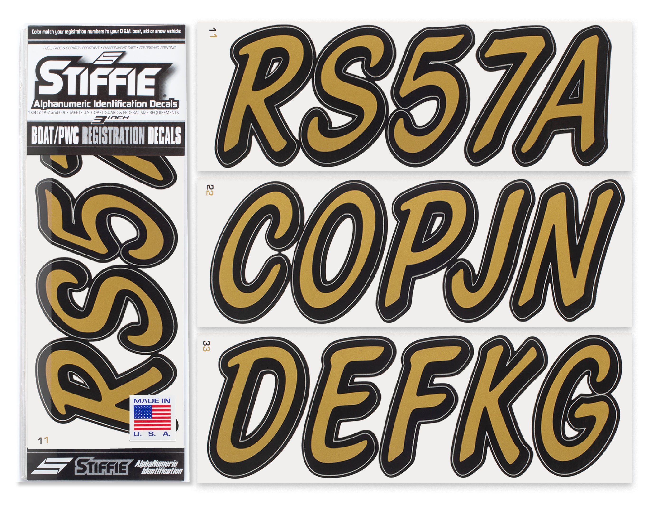 STIFFIE Whipline Solid Metallic Gold/Black 3" Alpha-Numeric Registration Identification Numbers Stickers Decals for Boats & Personal Watercraft