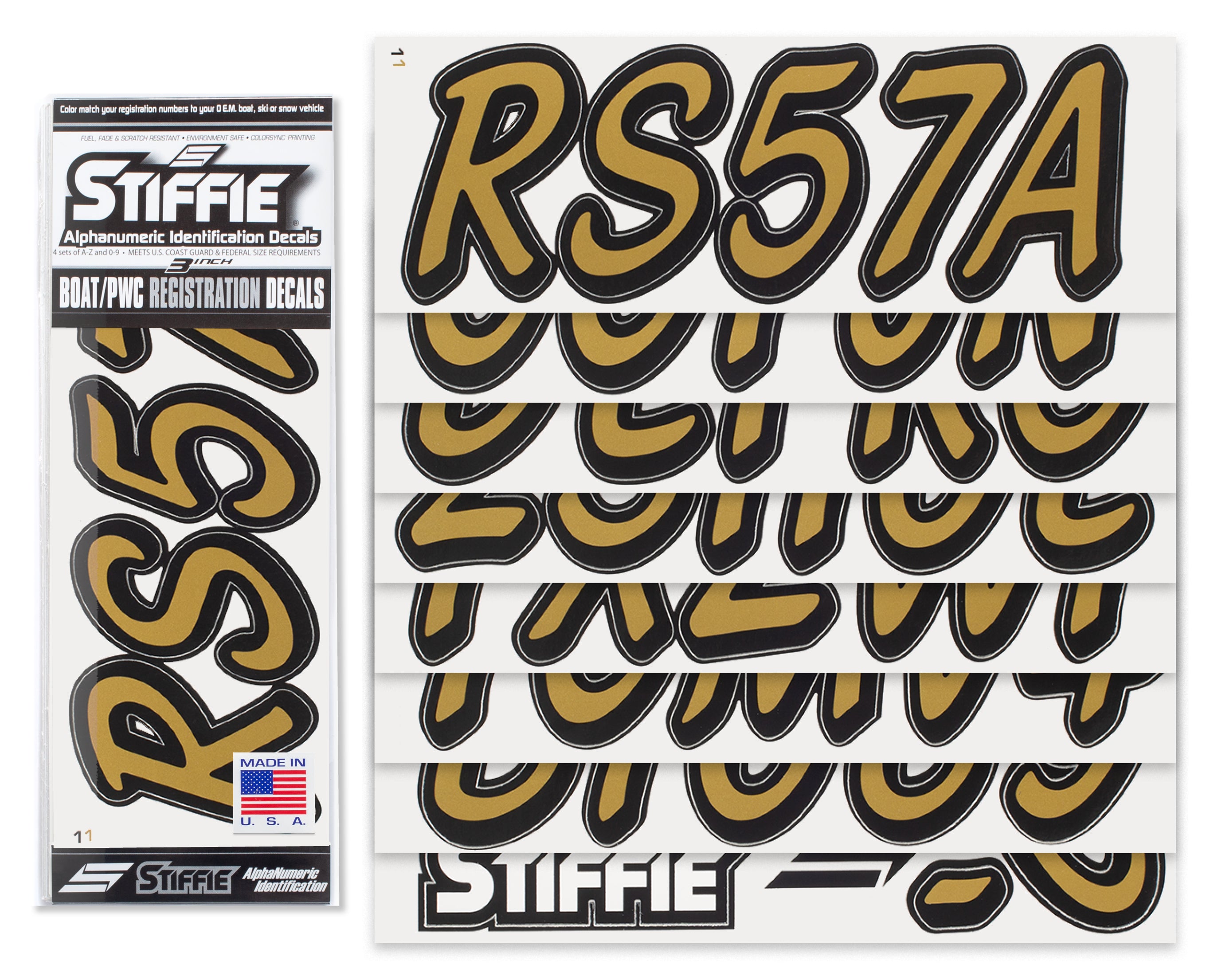 STIFFIE Whipline Solid Metallic Gold/Black 3" Alpha-Numeric Registration Identification Numbers Stickers Decals for Boats & Personal Watercraft