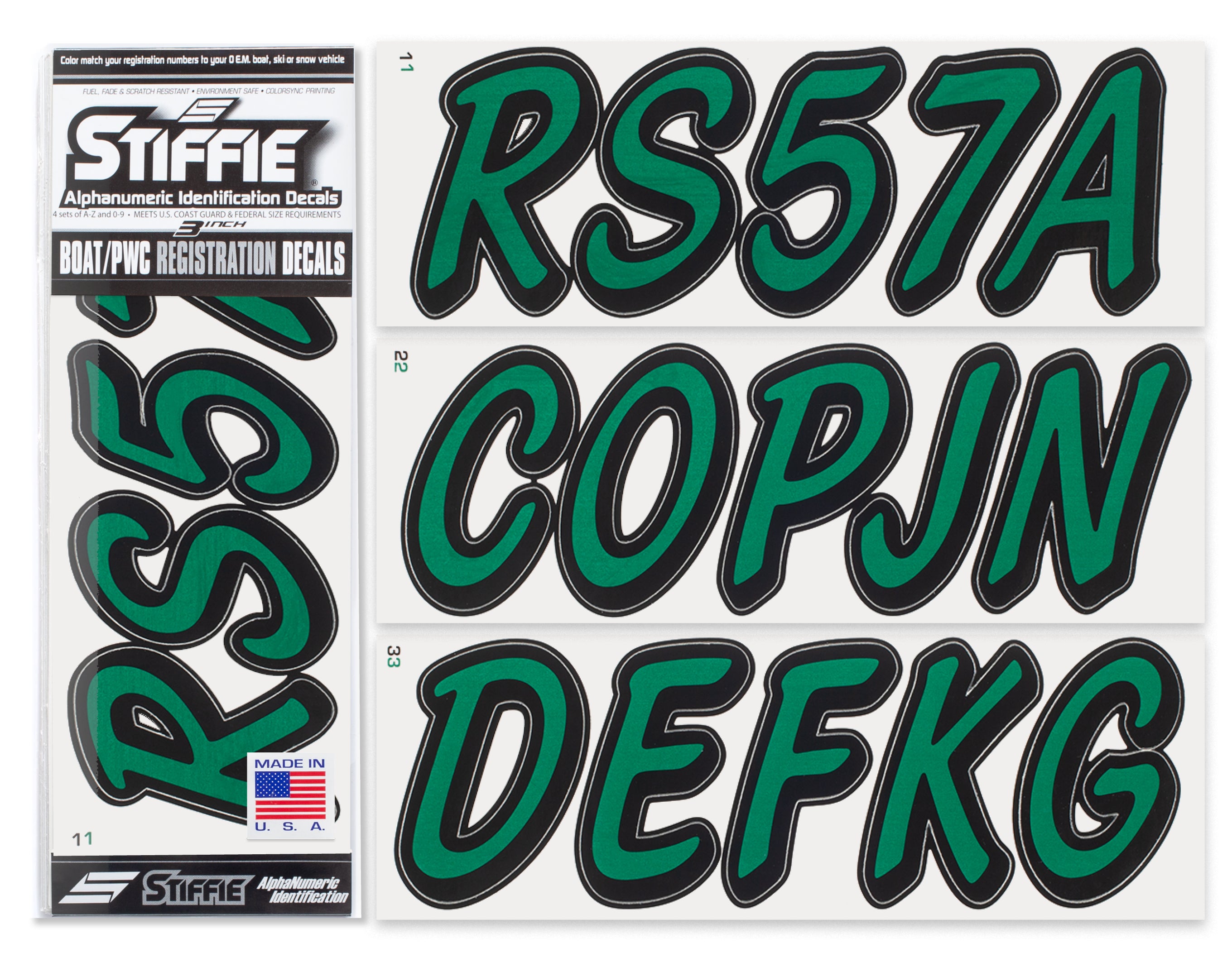 STIFFIE Whipline Solid Racing Green/Black 3" Alpha-Numeric Registration Identification Numbers Stickers Decals for Boats & Personal Watercraft