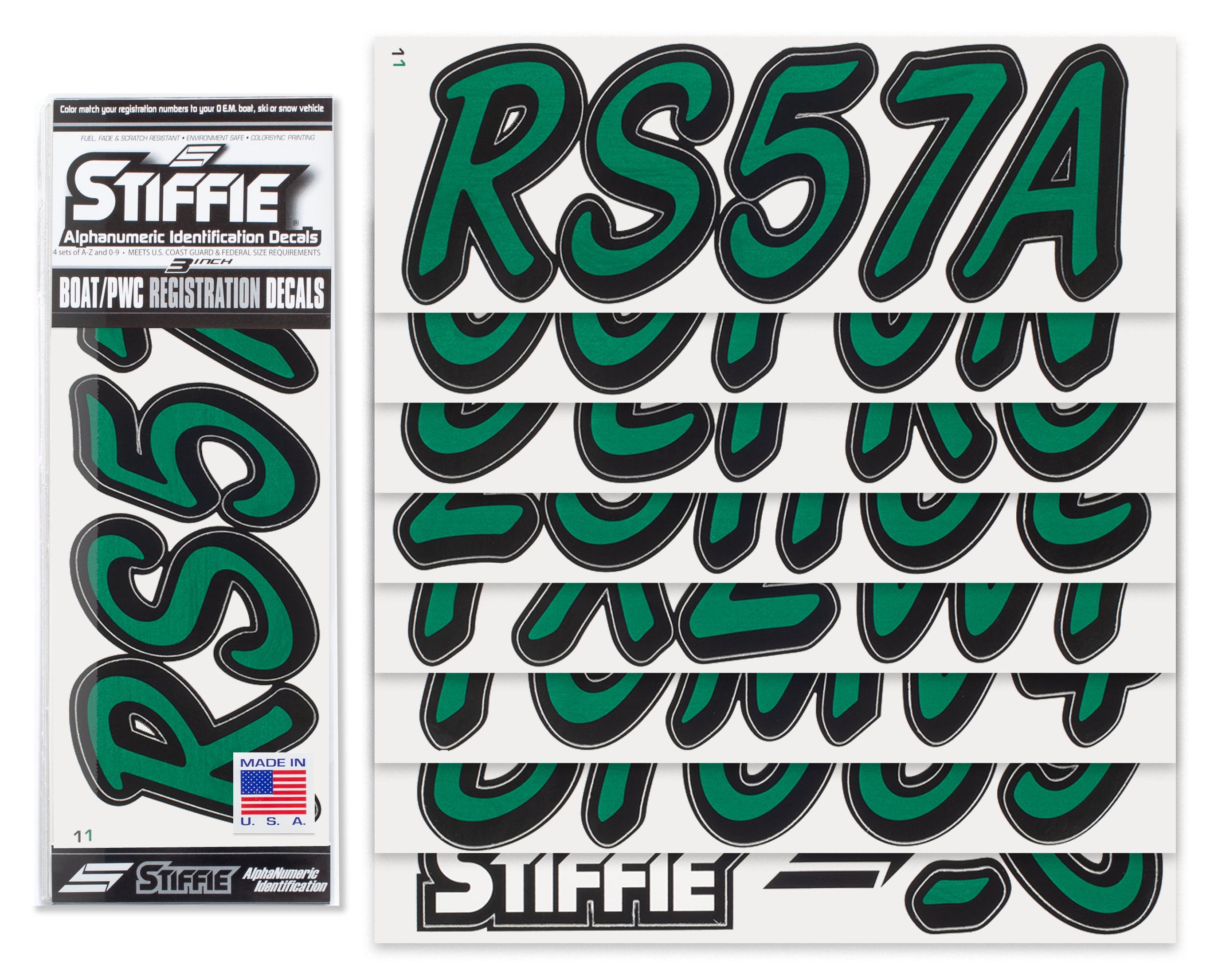 STIFFIE Whipline Solid Racing Green/Black 3" Alpha-Numeric Registration Identification Numbers Stickers Decals for Boats & Personal Watercraft