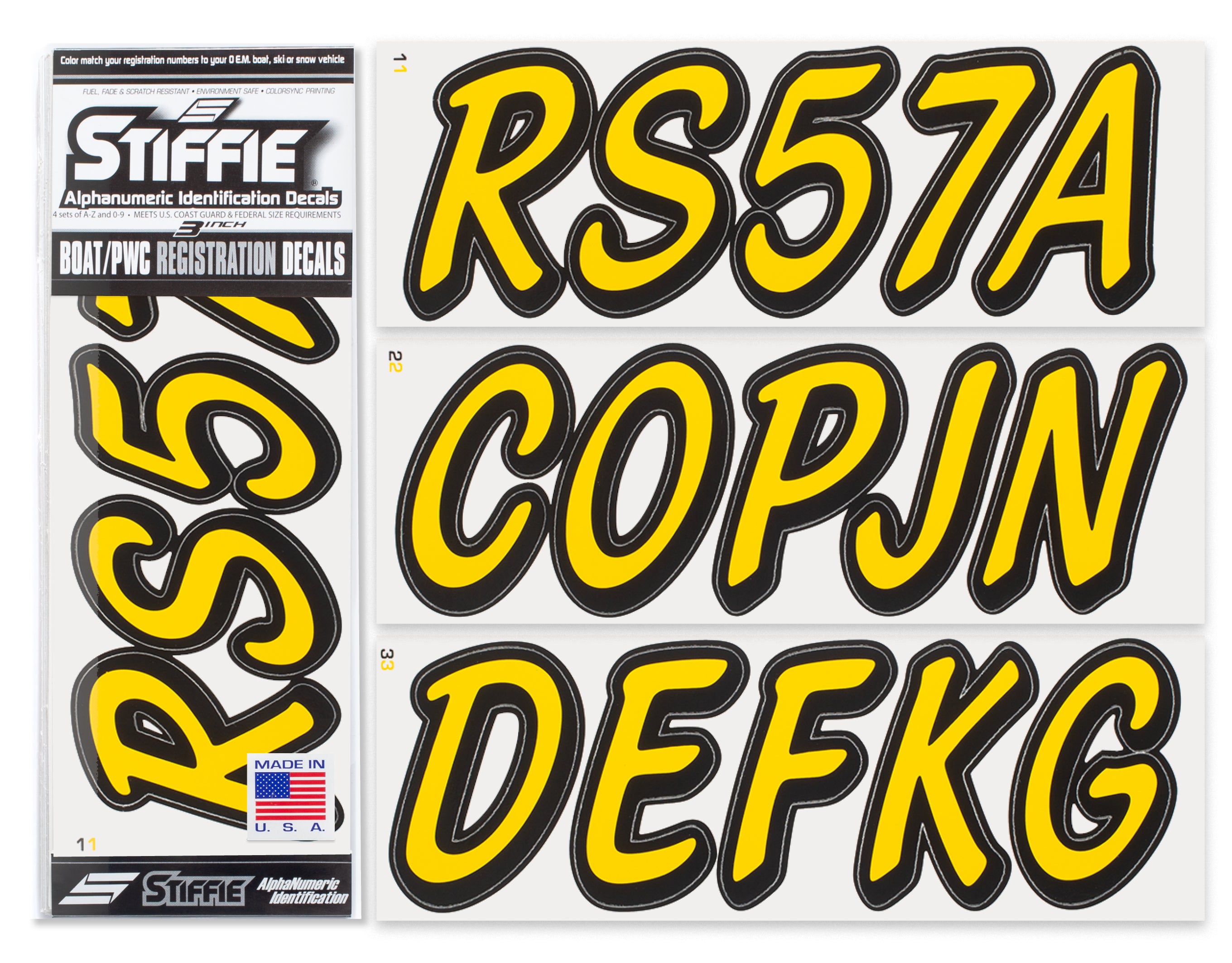 STIFFIE Whipline Solid Yellow/Black 3" Alpha-Numeric Registration Identification Numbers Stickers Decals for Boats & Personal Watercraft