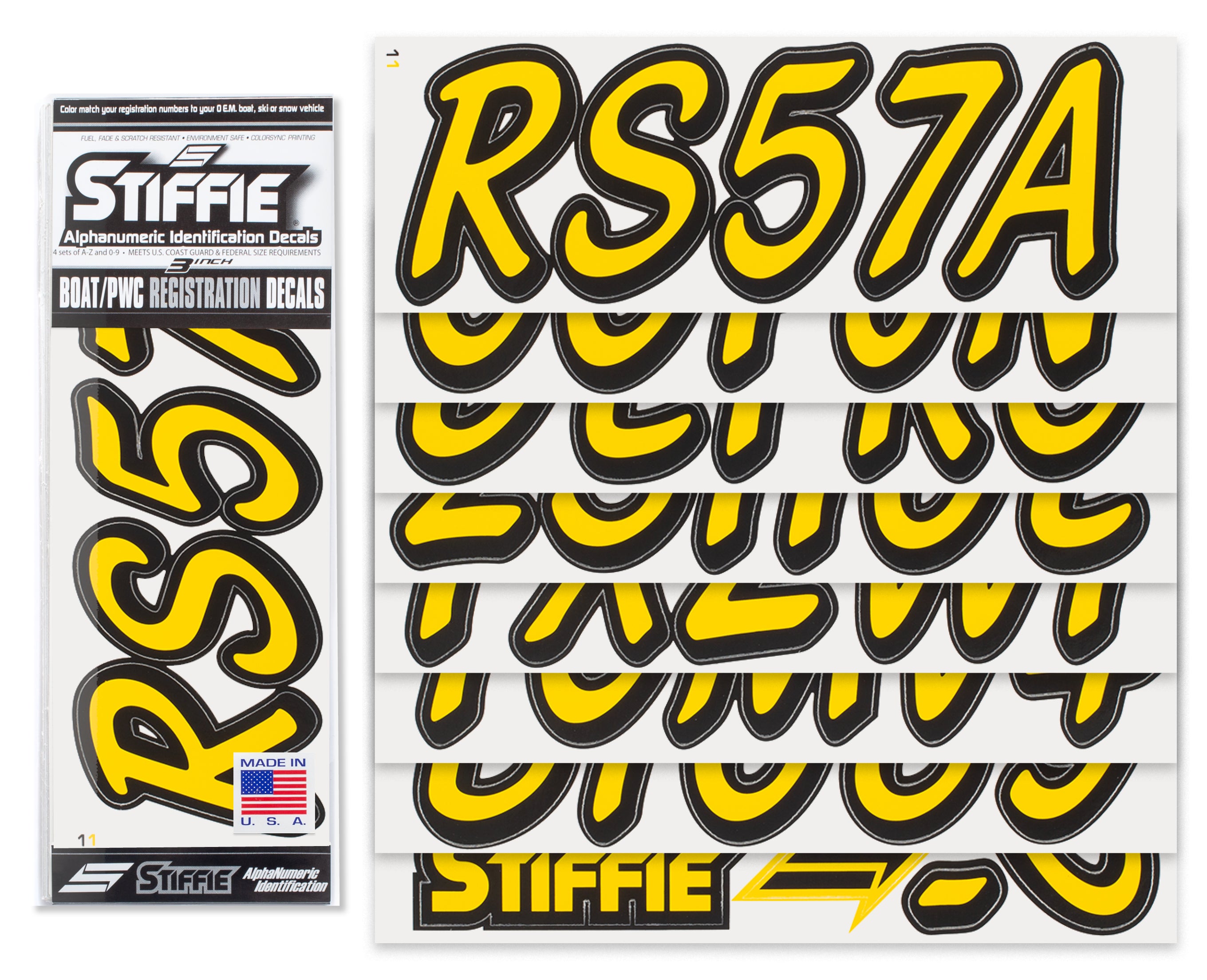 STIFFIE Whipline Solid Yellow/Black 3" Alpha-Numeric Registration Identification Numbers Stickers Decals for Boats & Personal Watercraft