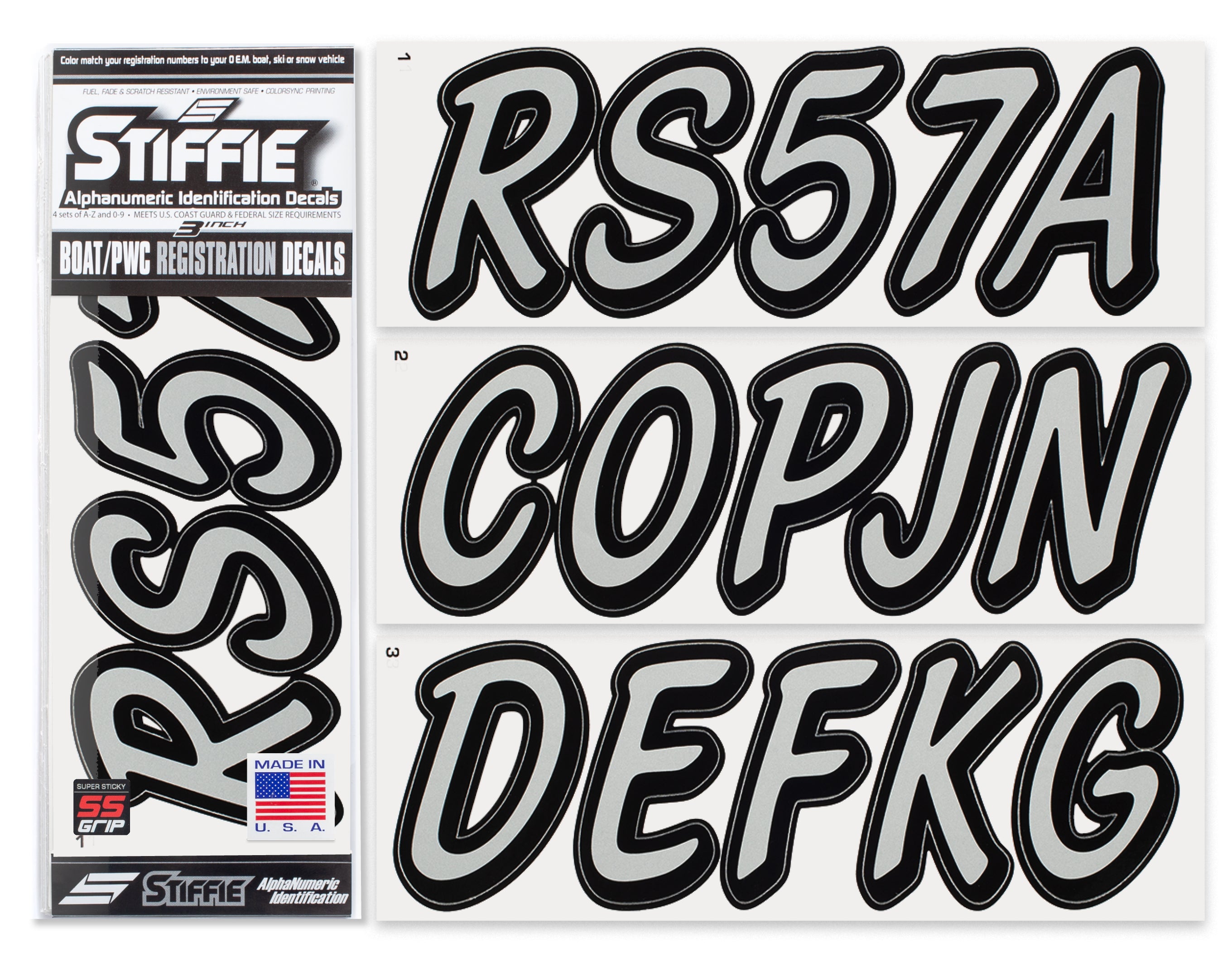 STIFFIE Whipline Solid Silver/Black Super Sticky 3" Alpha-Numeric Registration Identification Numbers Stickers Decals for Boats & Personal Watercraft