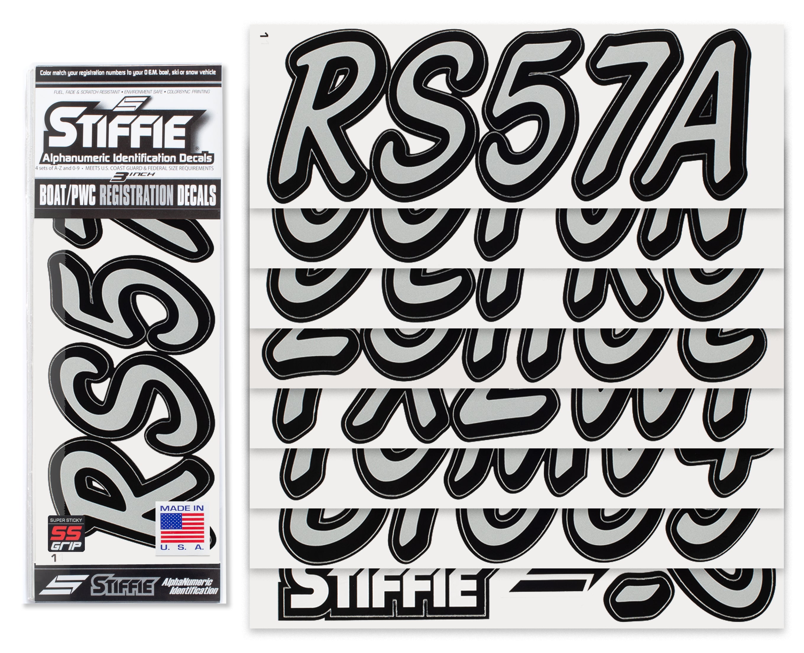 STIFFIE Whipline Solid Silver/Black Super Sticky 3" Alpha-Numeric Registration Identification Numbers Stickers Decals for Boats & Personal Watercraft