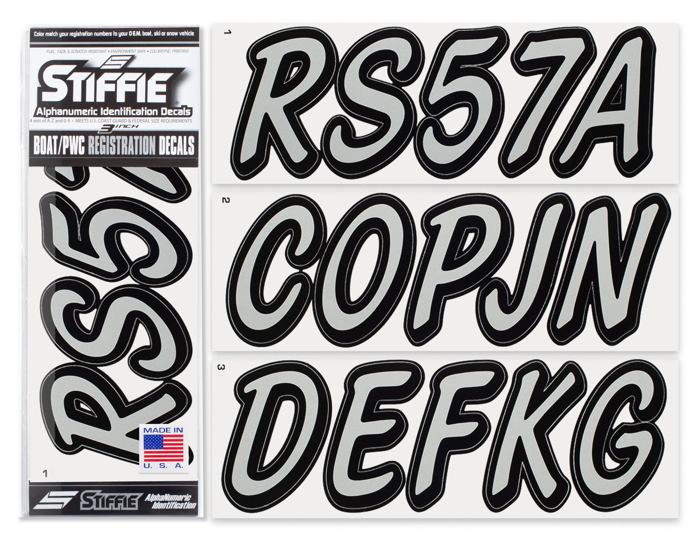 STIFFIE Whipline Solid Metallic Silver/Black 3" Alpha-Numeric Registration Identification Numbers Stickers Decals for Boats & Personal Watercraft
