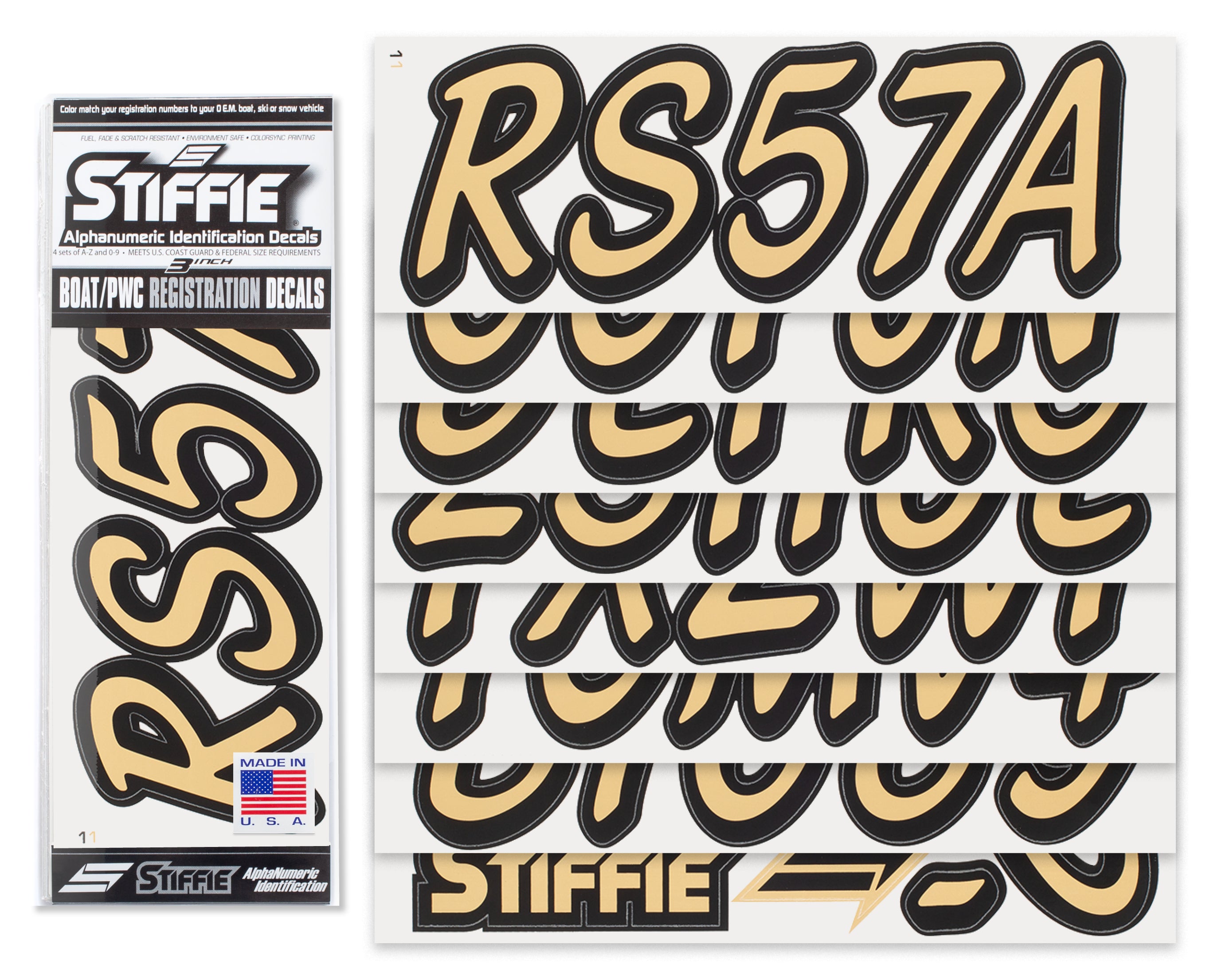 STIFFIE Whipline Solid Tan/Black 3" Alpha-Numeric Registration Identification Numbers Stickers Decals for Boats & Personal Watercraft