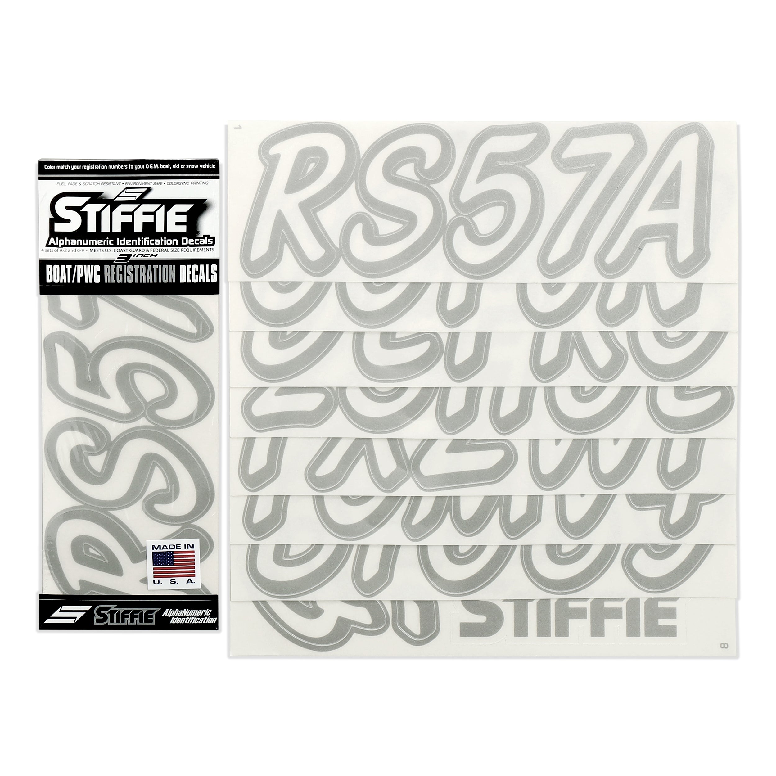 STIFFIE Whipline Solid Transparent/Silver 3" Alpha-Numeric Registration Identification Numbers Stickers Decals for Boats & Personal Watercraft